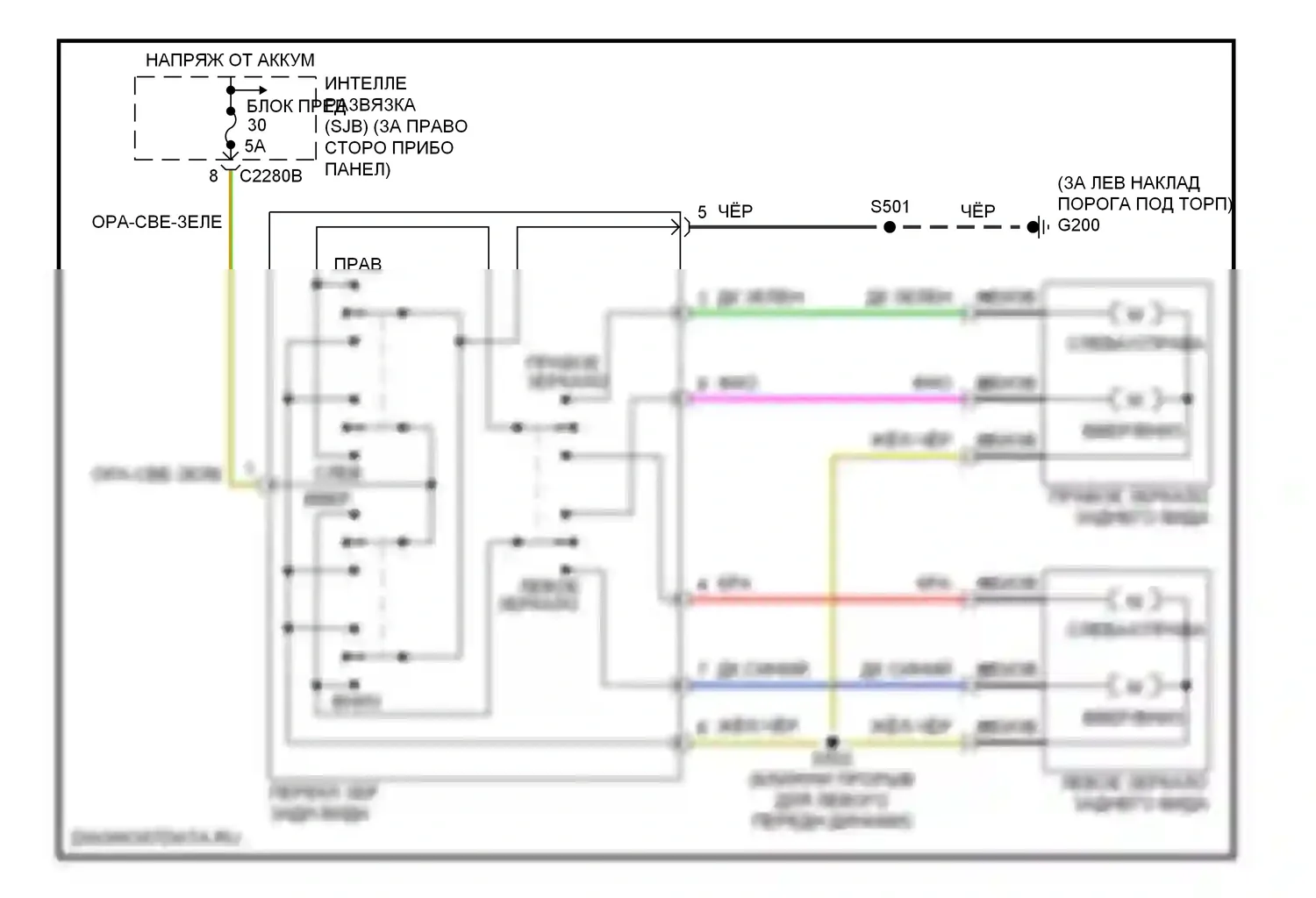 Ranger Ford I (1998-2006): Электросхема управления зеркалами заднего вида 