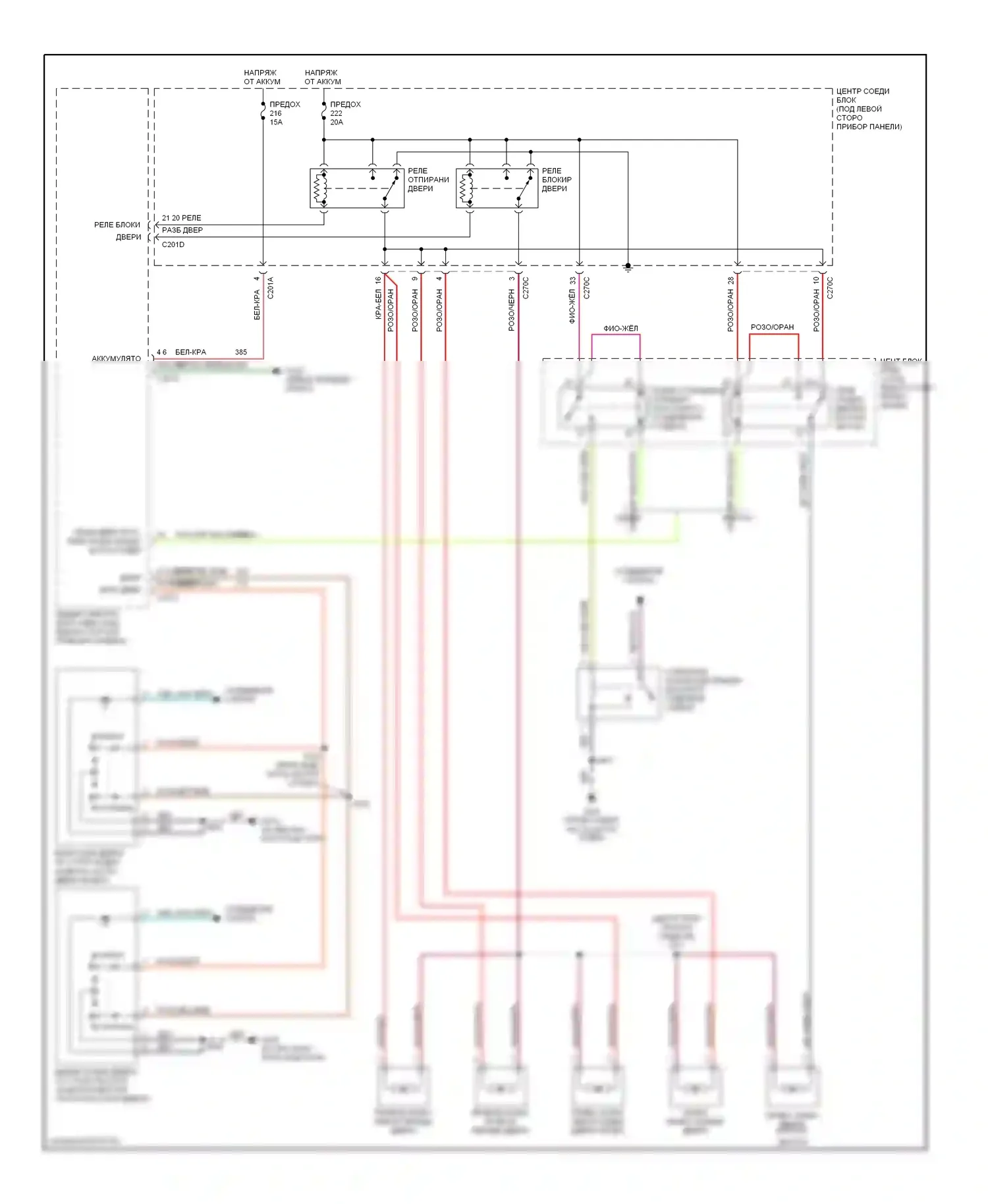 Taurus Ford IV (1999-2004): Электросхема замка двери питания, без бесключевого доступа 