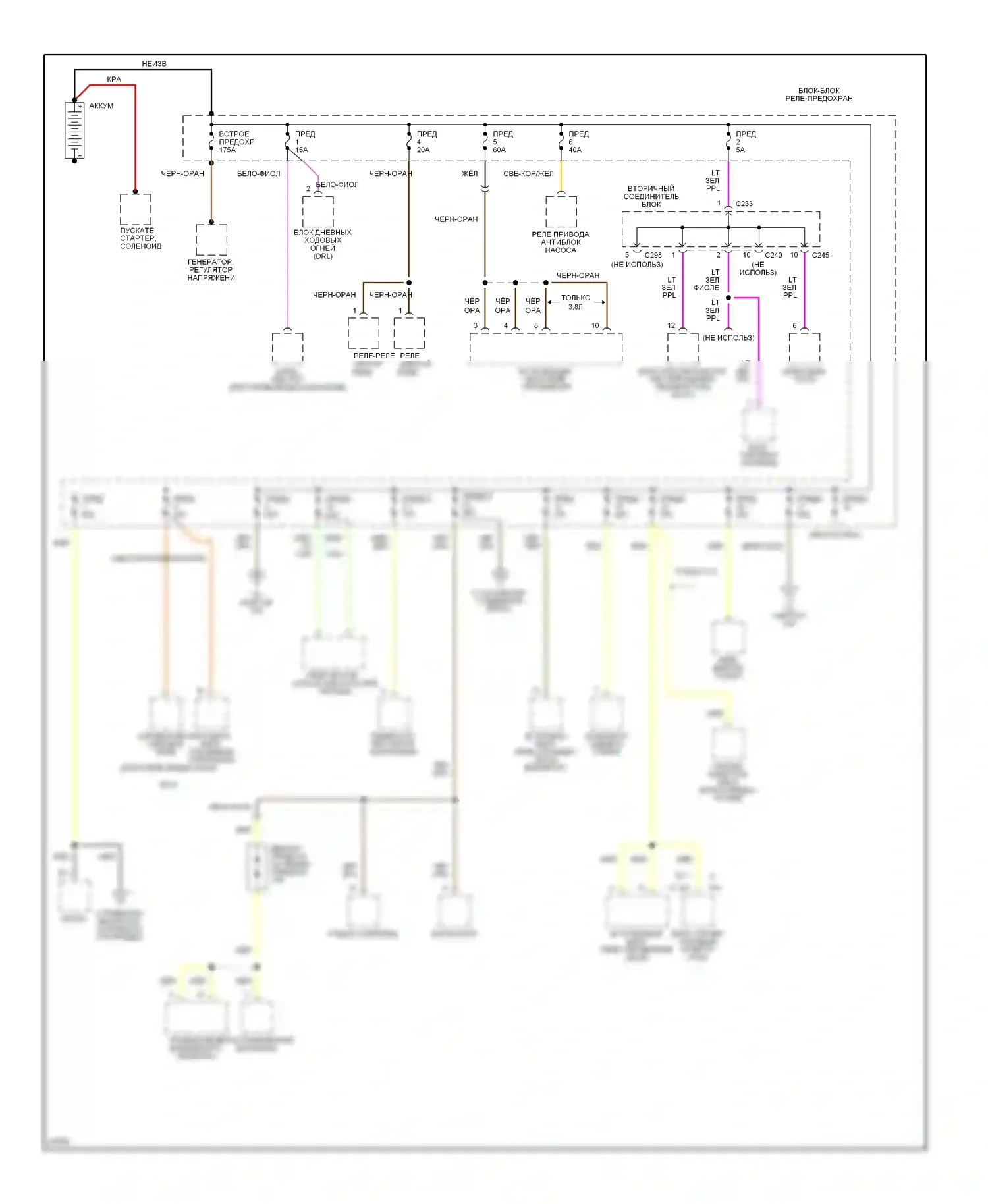 Thunderbird Ford X (1988-1997): Электросхема блока предохранителей реле (1 из 4) 