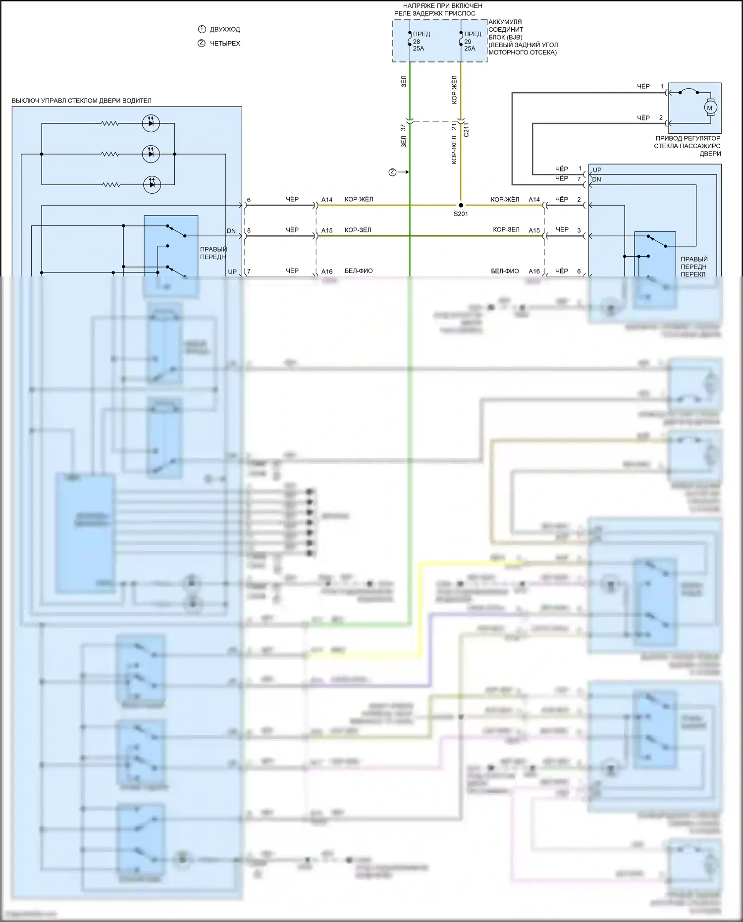Tourneo Connect Ford II (2013-2018): Электросхема стеклоподъемников, без дверного блока 