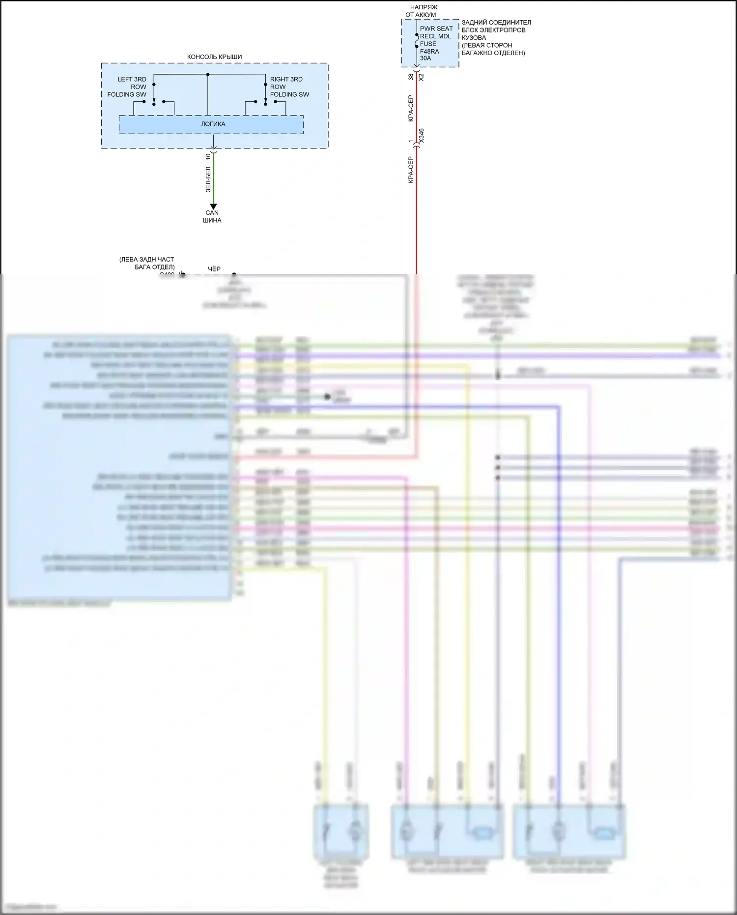 Yukon GMC V (2020-2024): Электросхема заднего откидного сиденья, сиденья третьего ряда (1 из 2) 