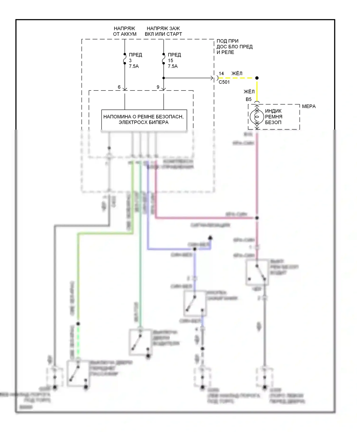 Civic Honda V (1991-1997): Электросхема ремней безопасности/ключевых предупредительных сигналов 