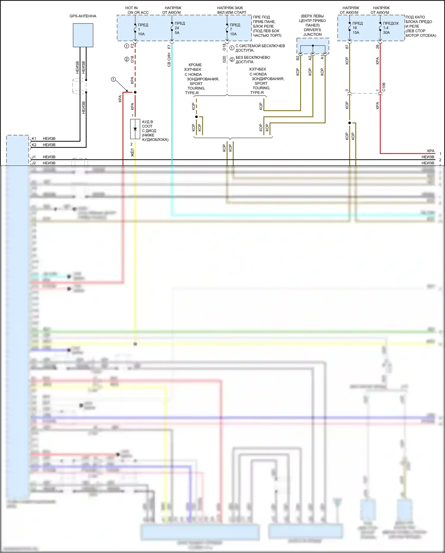 Civic Honda X (2015-2021): Электросхема магнитолы, хэтчбек с дисплеем аудио и усилителем (1 из 4) 