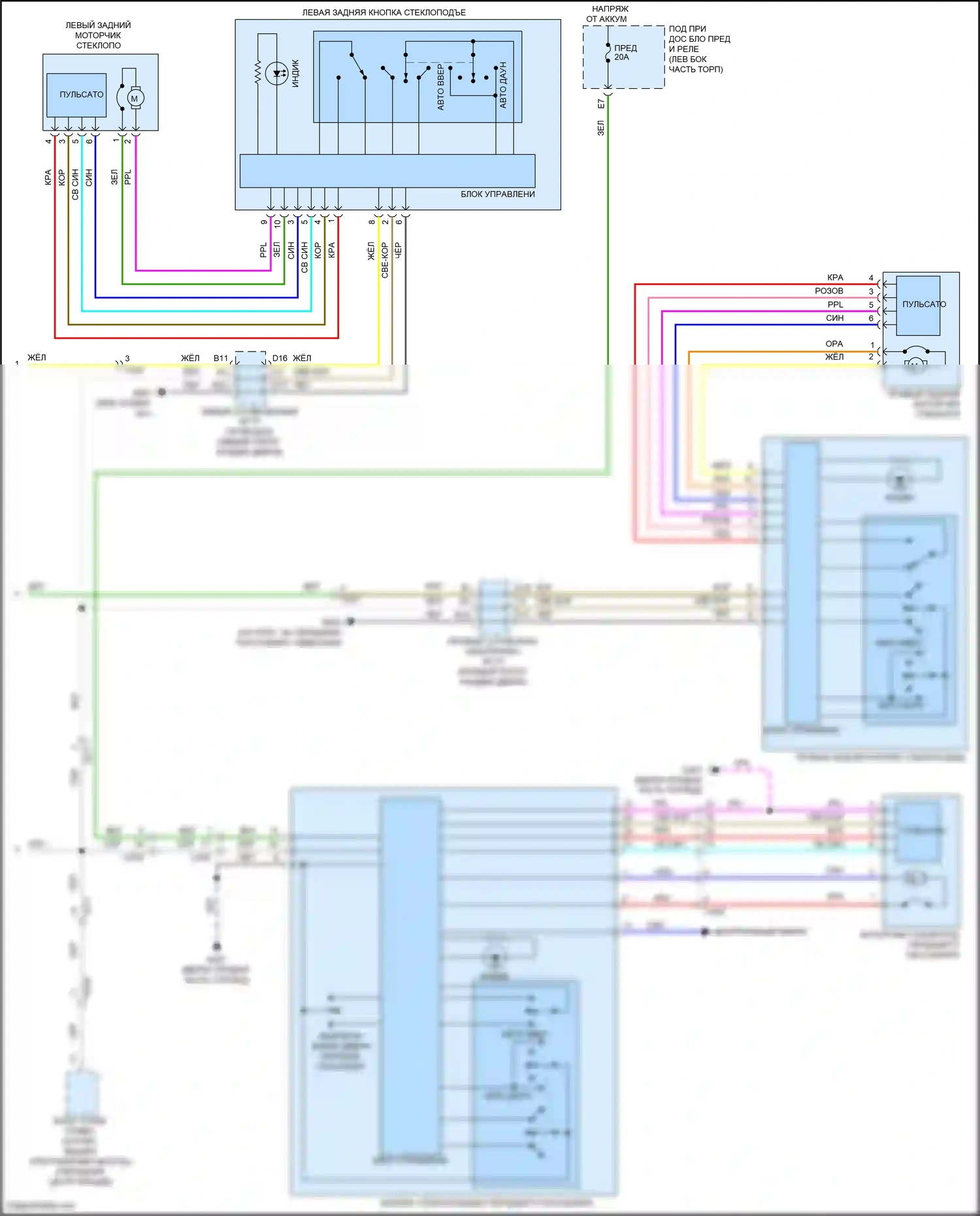 Odyssey Honda V рестайлинг (2017-2020): Электросхема стеклоподъемников, функция автоматического включения/выключения передних и задних стеклоподъемников (2 из 2) 
