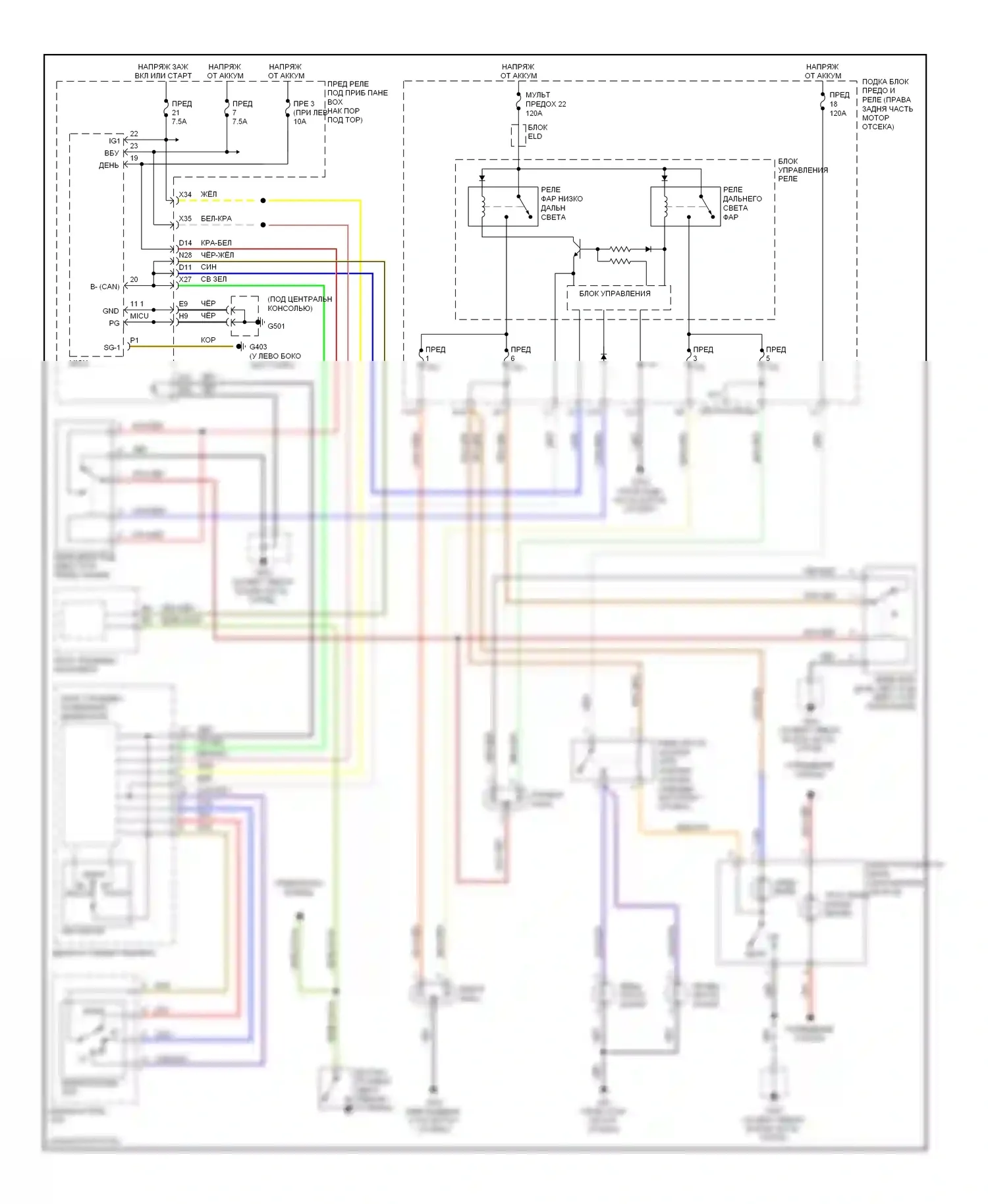 Ridgeline Honda I (2004-2009): Электросхема фар, с дрелью 