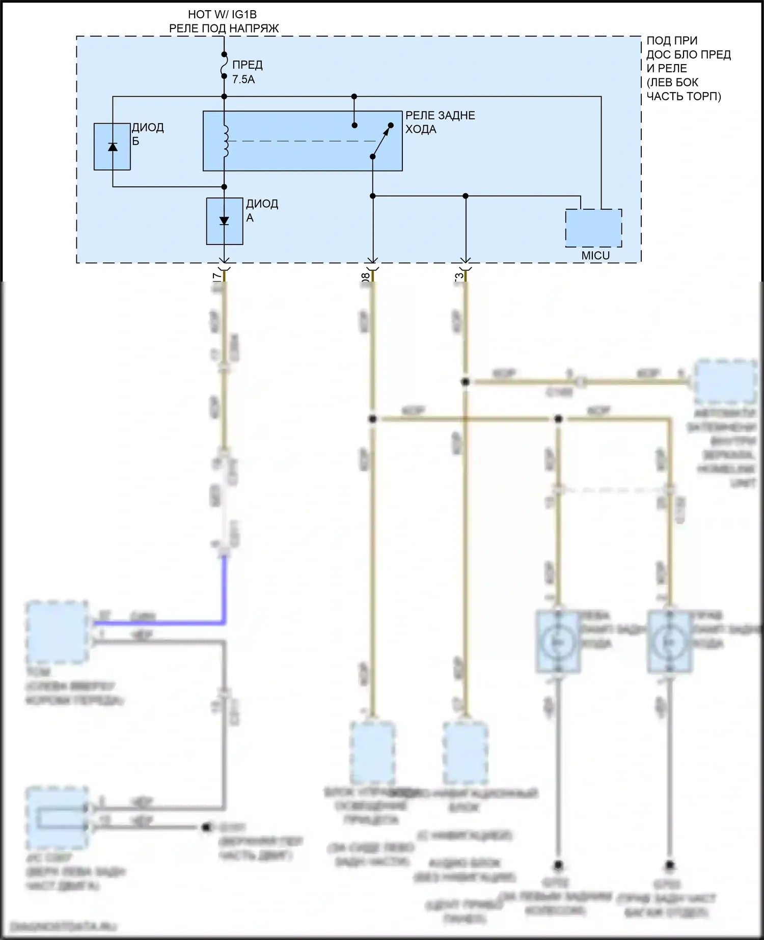 Ridgeline Honda II рестайлинг (2021-2024): Электросхема фонарей заднего хода 
