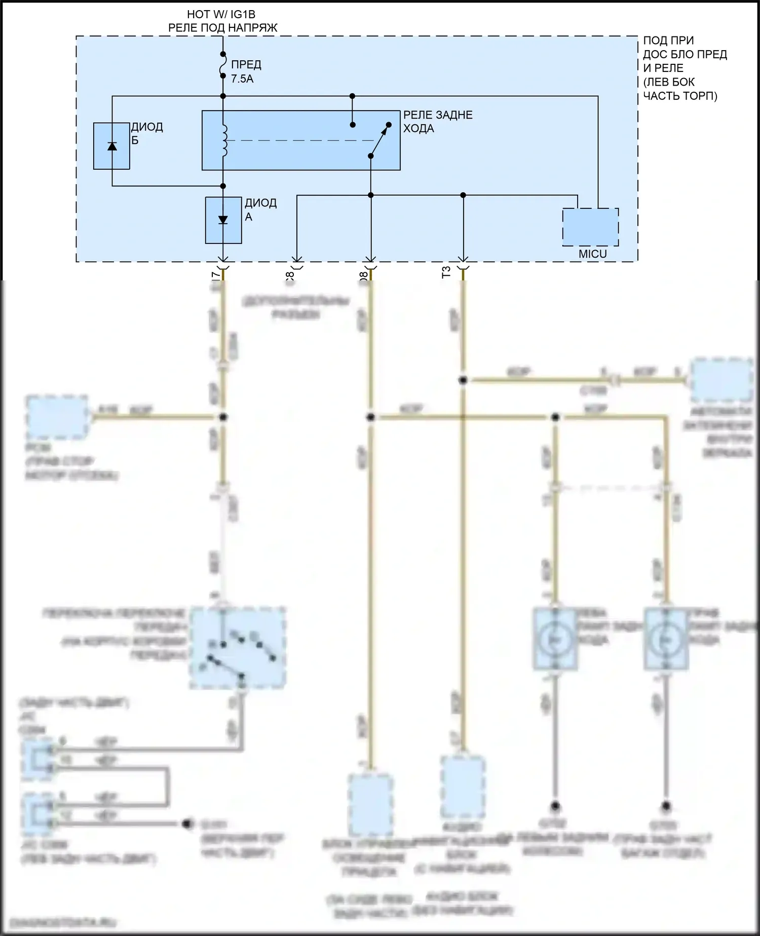 Ridgeline Honda II (2016-2021): Электросхема фонарей заднего хода 