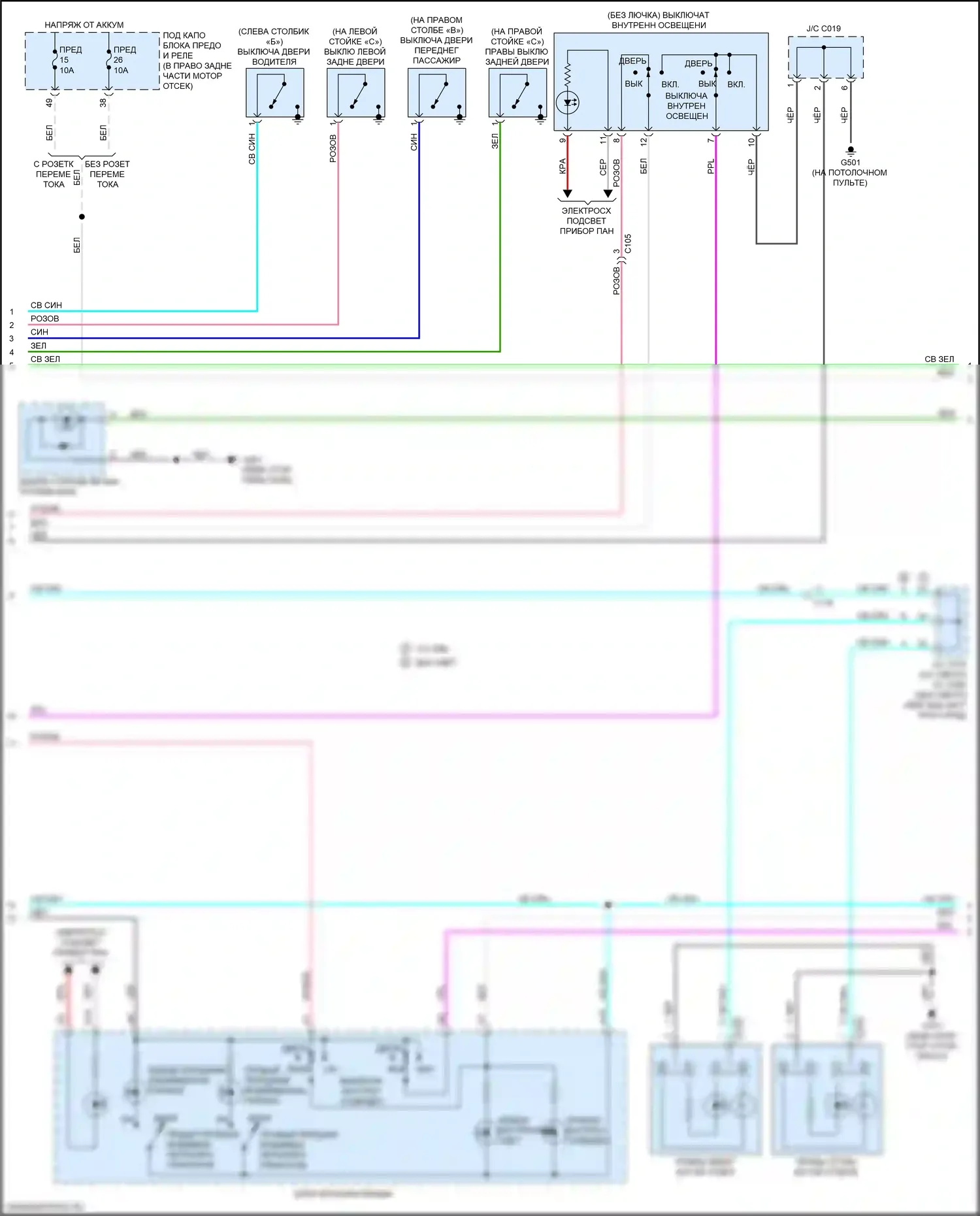 Ridgeline Honda II (2016-2021): Электросхема освещения салона (2 из 3) 
