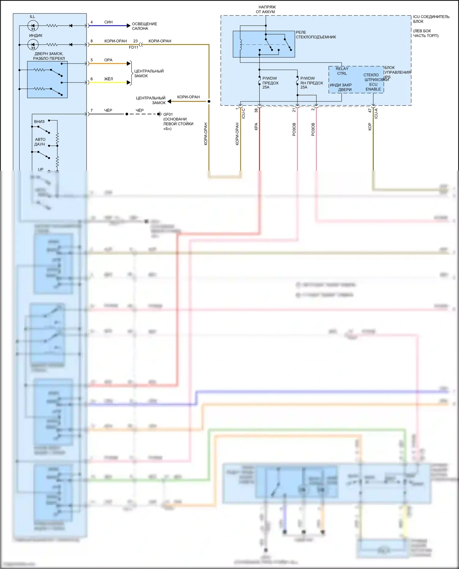 Avante Hyundai VII (2020-2024): Электросхема стеклоподъемников, гибрид без автоматического включения/выключения стеклоподъемников (1 из 2) 