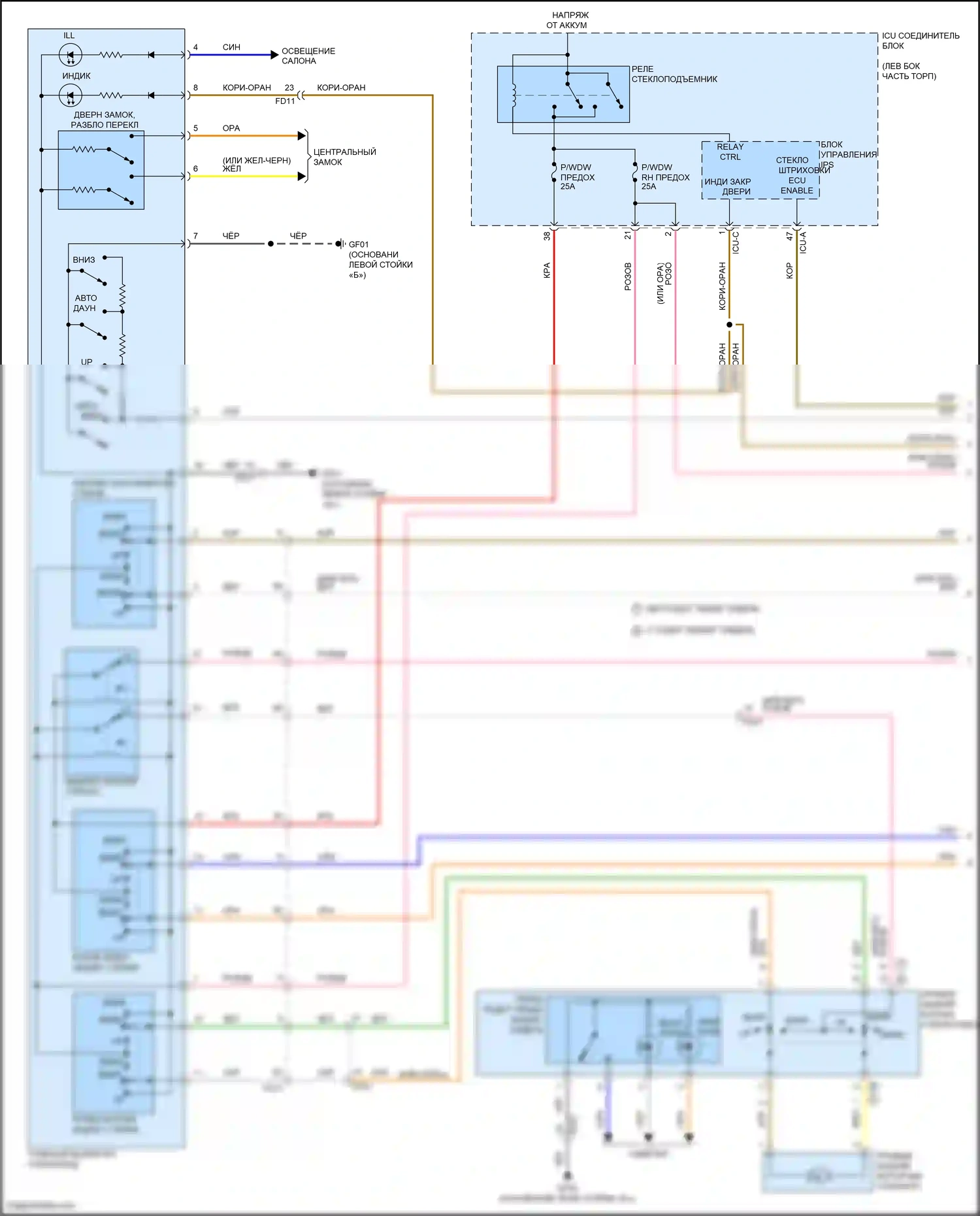 Avante Hyundai VII (2020-2024): Электросхема стеклоподъемников, за исключением гибридного без автоматического включения/выключения стеклоподъемников (1 из 2) 