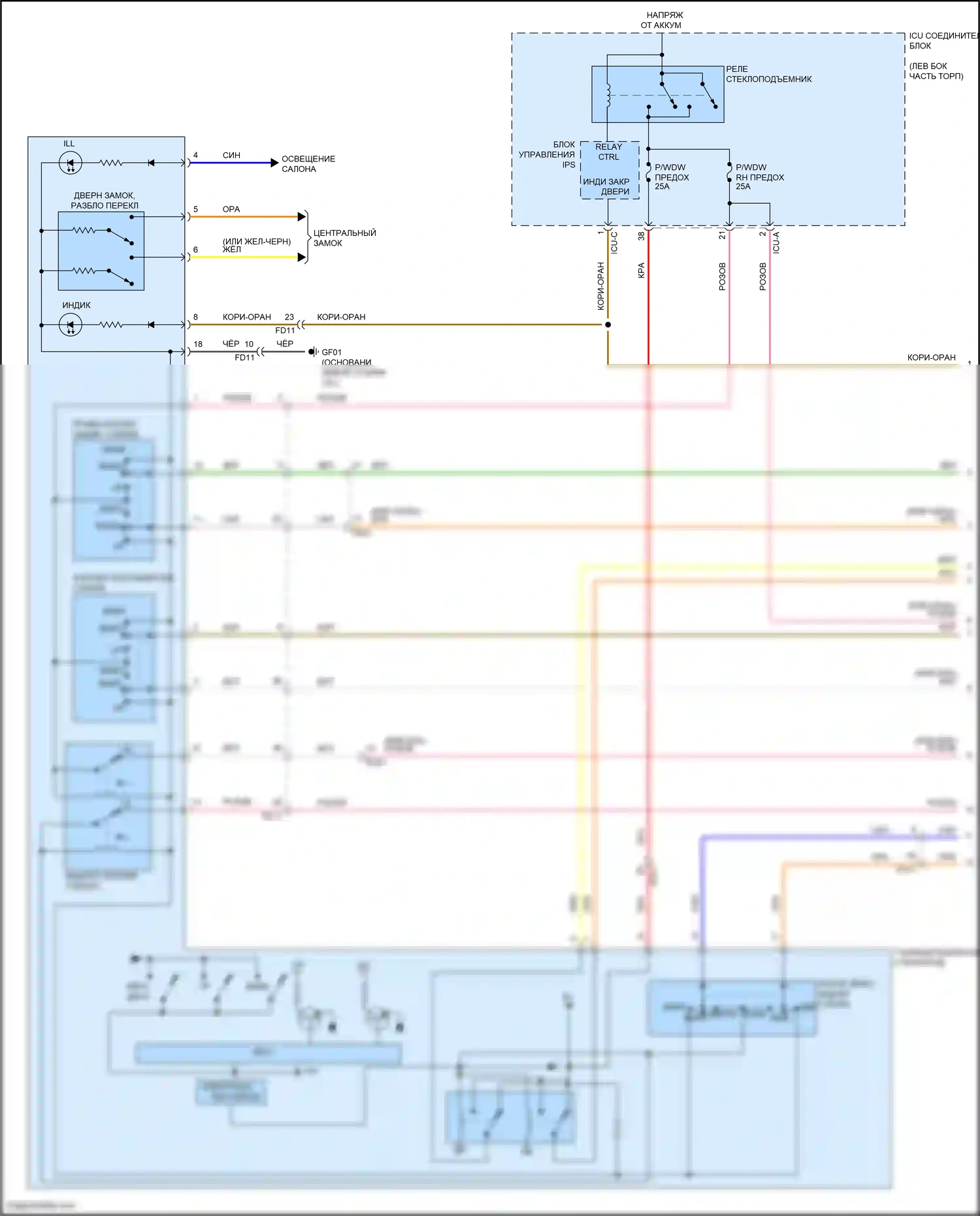 Avante Hyundai VII (2020-2024): Электросхема стеклоподъемников, за исключением гибридного с автоматическим включением/выключением стеклоподъемников (1 из 2) 