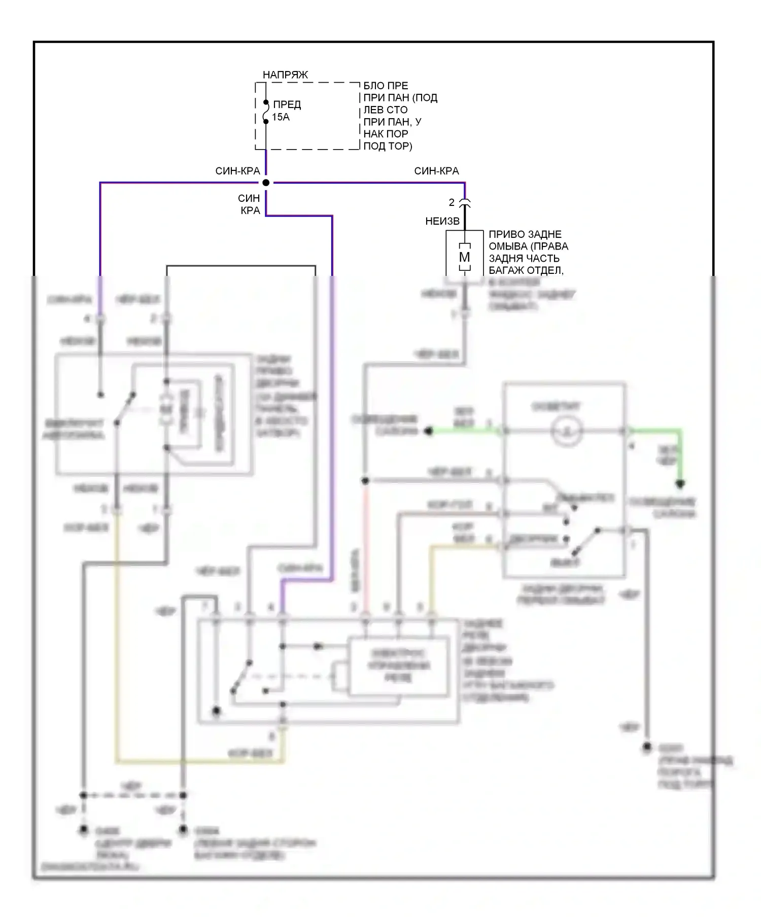 Elantra Hyundai II рестайлинг (1998-2000): Электросхема задних дворников и омывателей, вагон 
