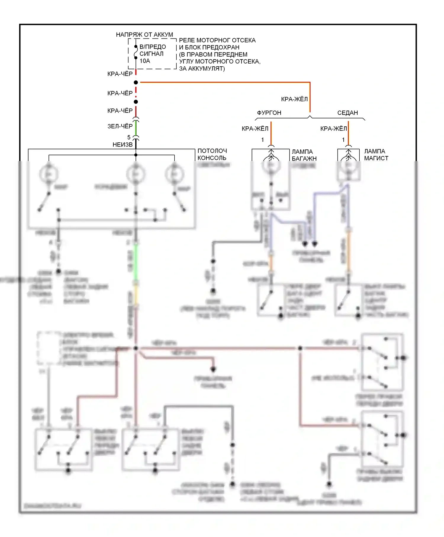 Elantra Hyundai II рестайлинг (1998-2000): Электросхема освещения салона, с люком 