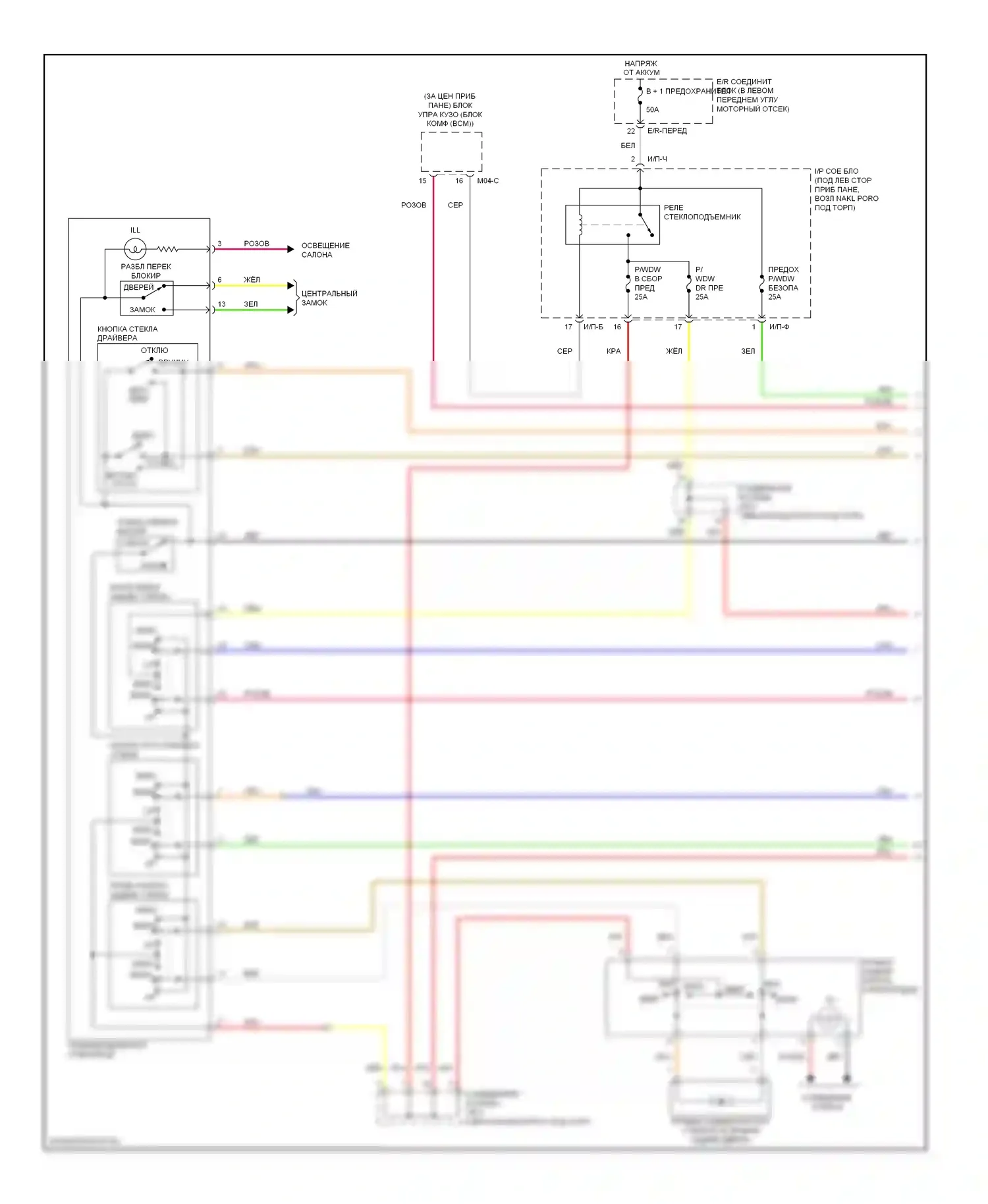 Elantra Hyundai III рестайлинг (2003-2010): Электросхема стеклоподъемников, с предохранительными стеклоподъемниками (1 из 2) 