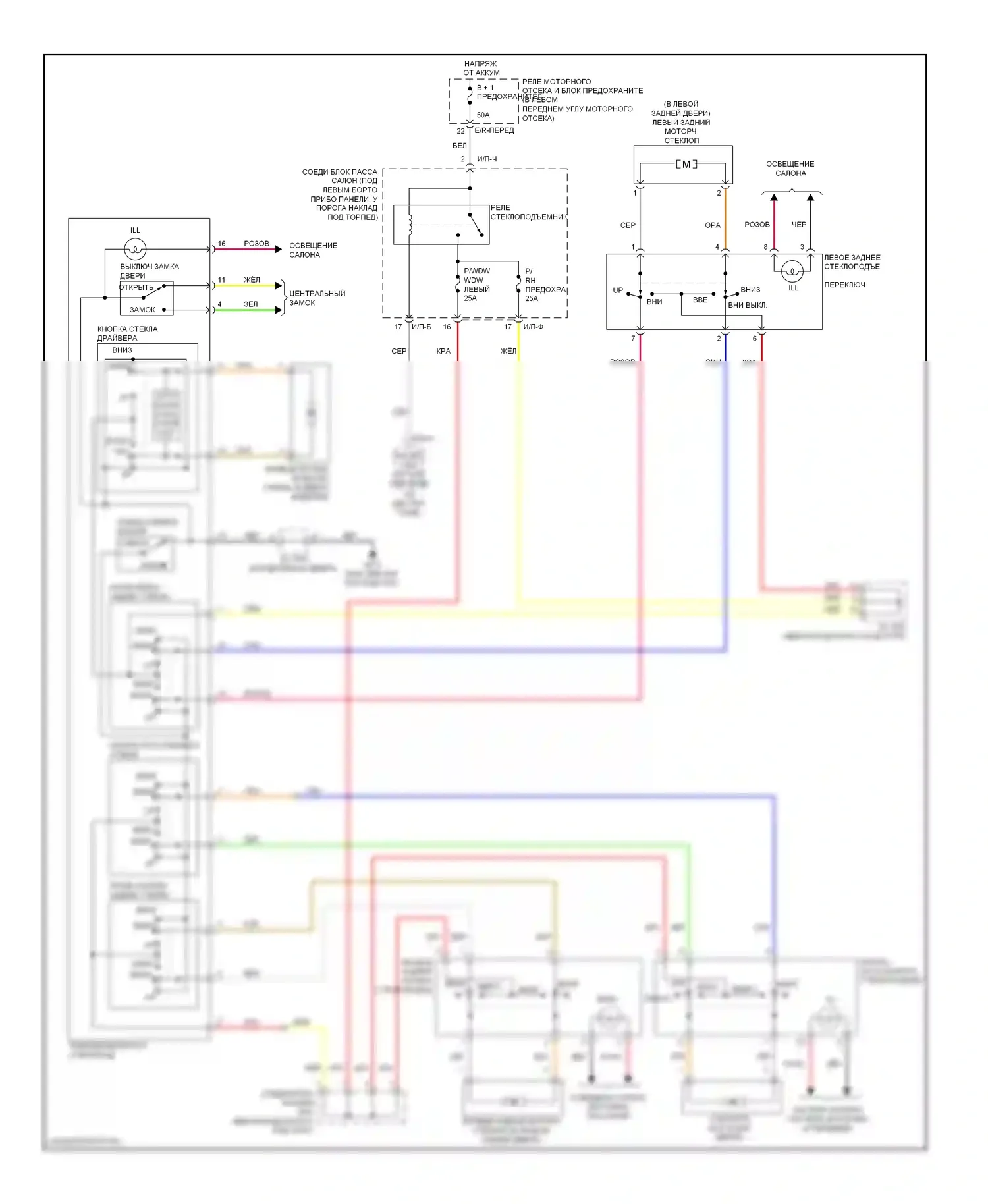 Elantra Hyundai IV (2006-2011): Электросхема стеклоподъемников, без защитных стеклоподъемников, с передними и задними стеклоподъемниками 