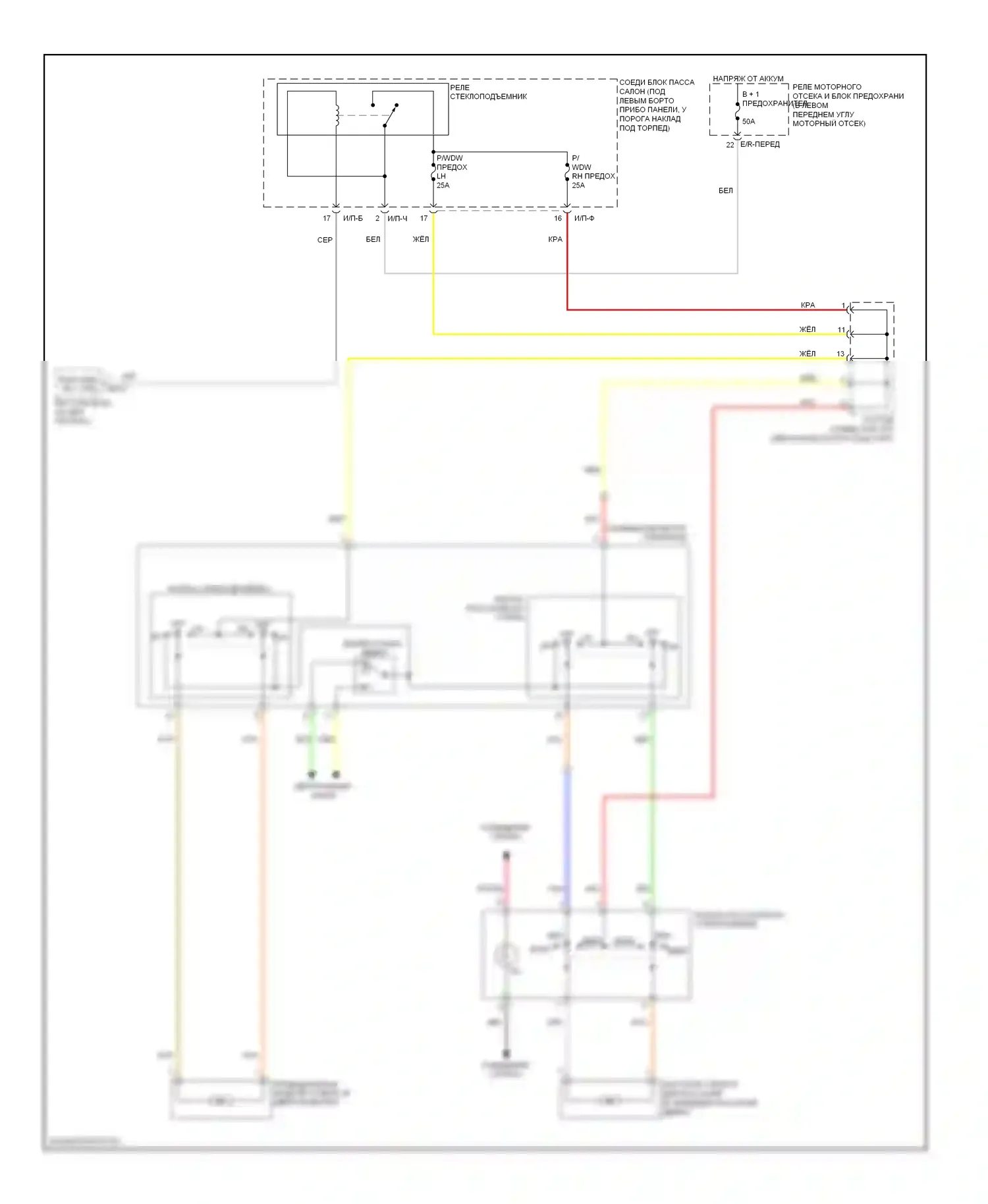 Elantra Hyundai IV (2006-2011): Электросхема стеклоподъемников, без защитных стеклоподъемников, только с передними стеклоподъемниками 