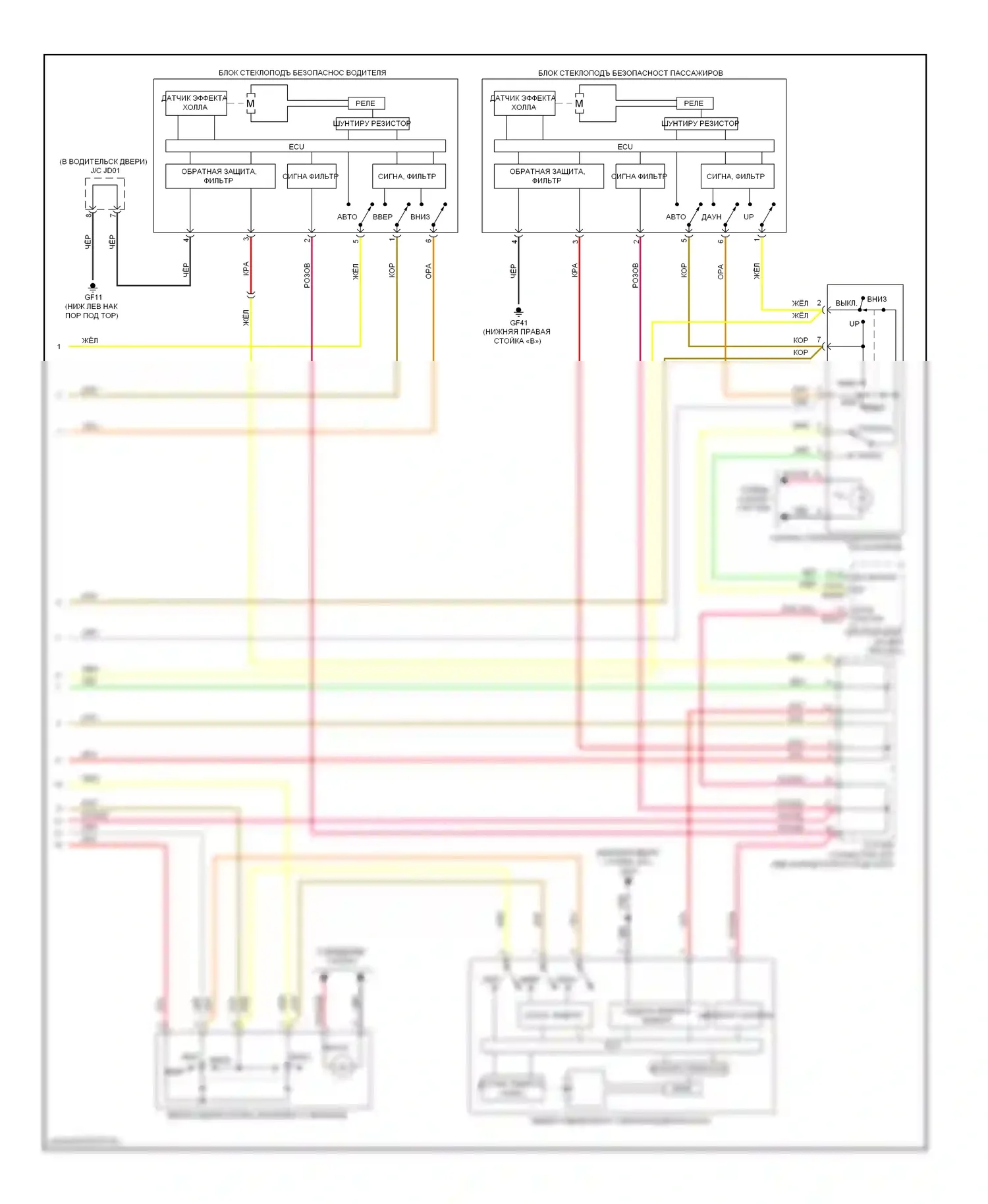 Elantra Hyundai IV (2006-2011): Электросхема стеклоподъемников, с предохранительными стеклоподъемниками (2 из 2) 