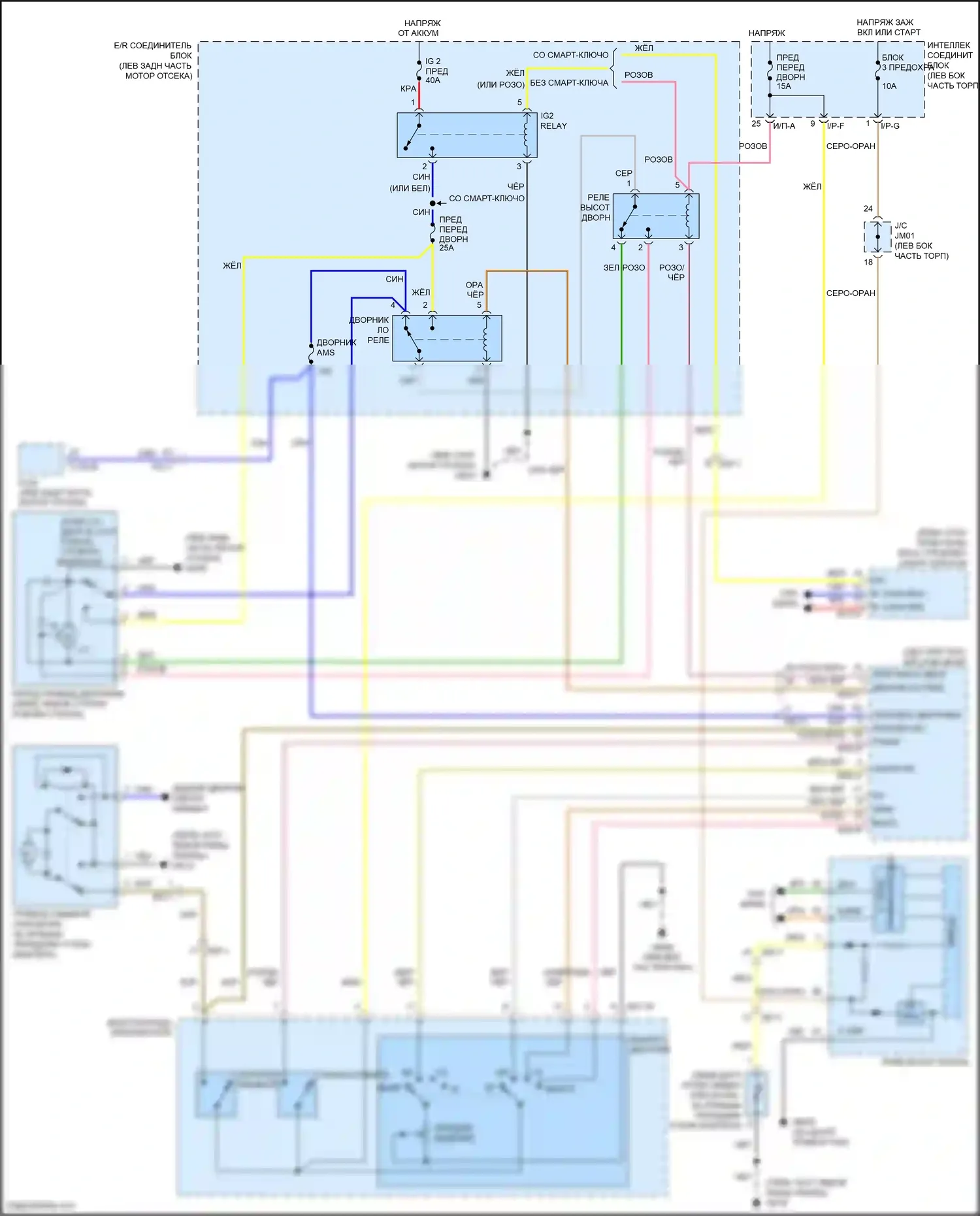 Grand Santa Fe Hyundai III рестайлинг (2015-2018): Электросхема передних дворников и омывателей 