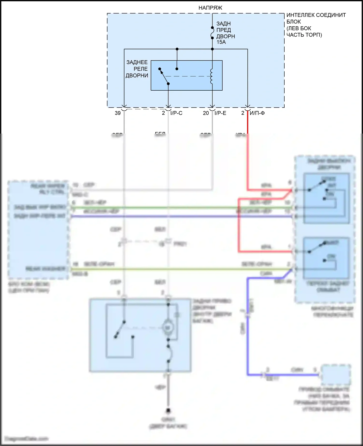 Grand Santa Fe Hyundai III рестайлинг (2015-2018): Электросхема задней шайбы/стеклоочистителя 