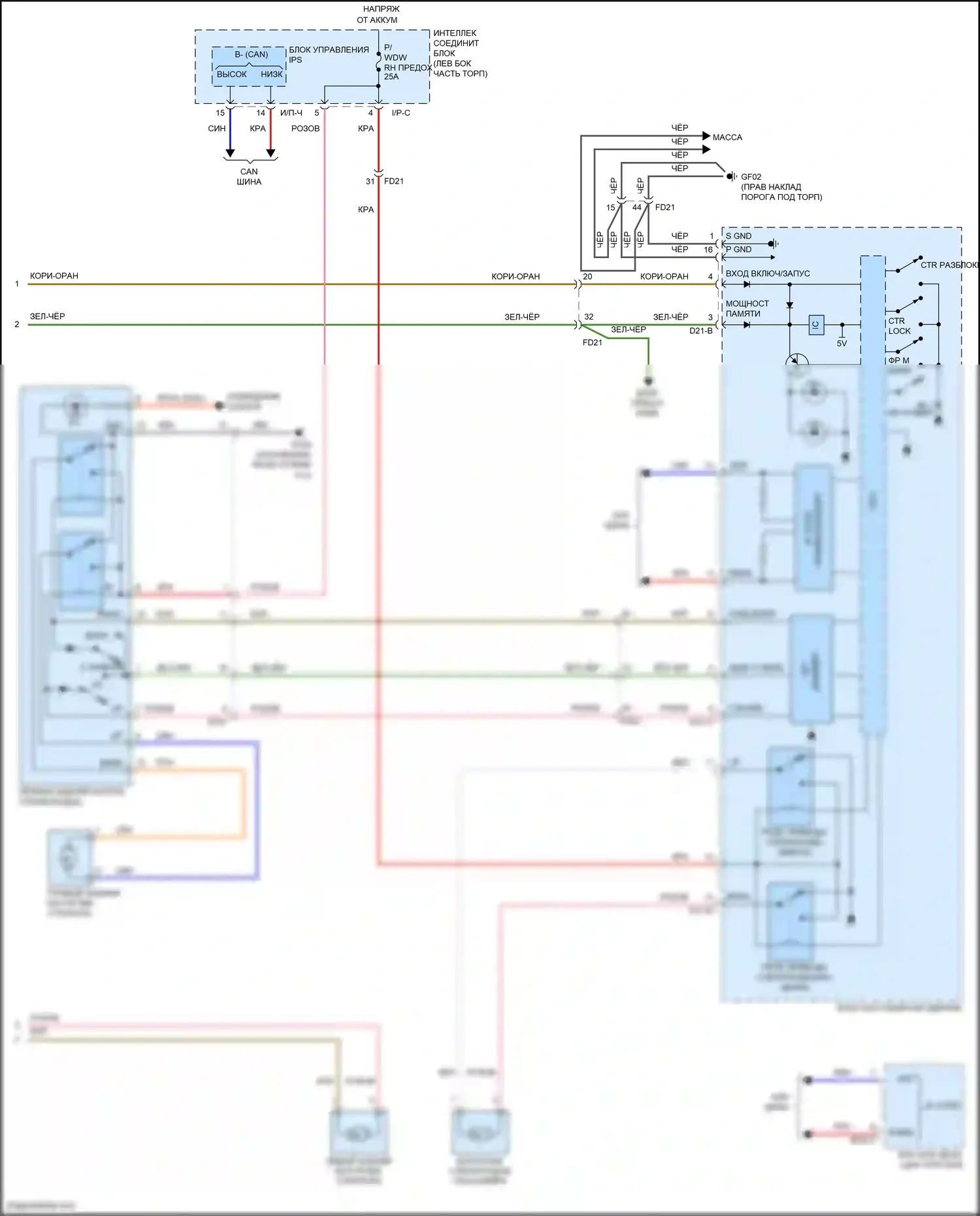 Grand Santa Fe Hyundai III рестайлинг (2015-2018): Электросхема стеклоподъемников, без защитных стеклоподъемников (2 из 2) 