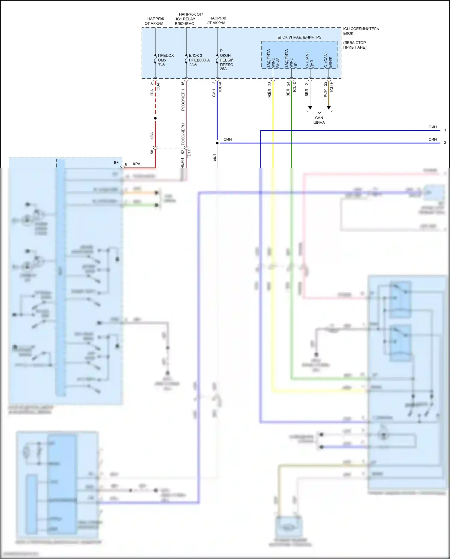 IONIQ 5 Hyundai I (2021-2024): Электросхема стеклоподъемников, с фронтальным авто вверх/вниз и стеклоподъемниками безопасности (1 из 2) 
