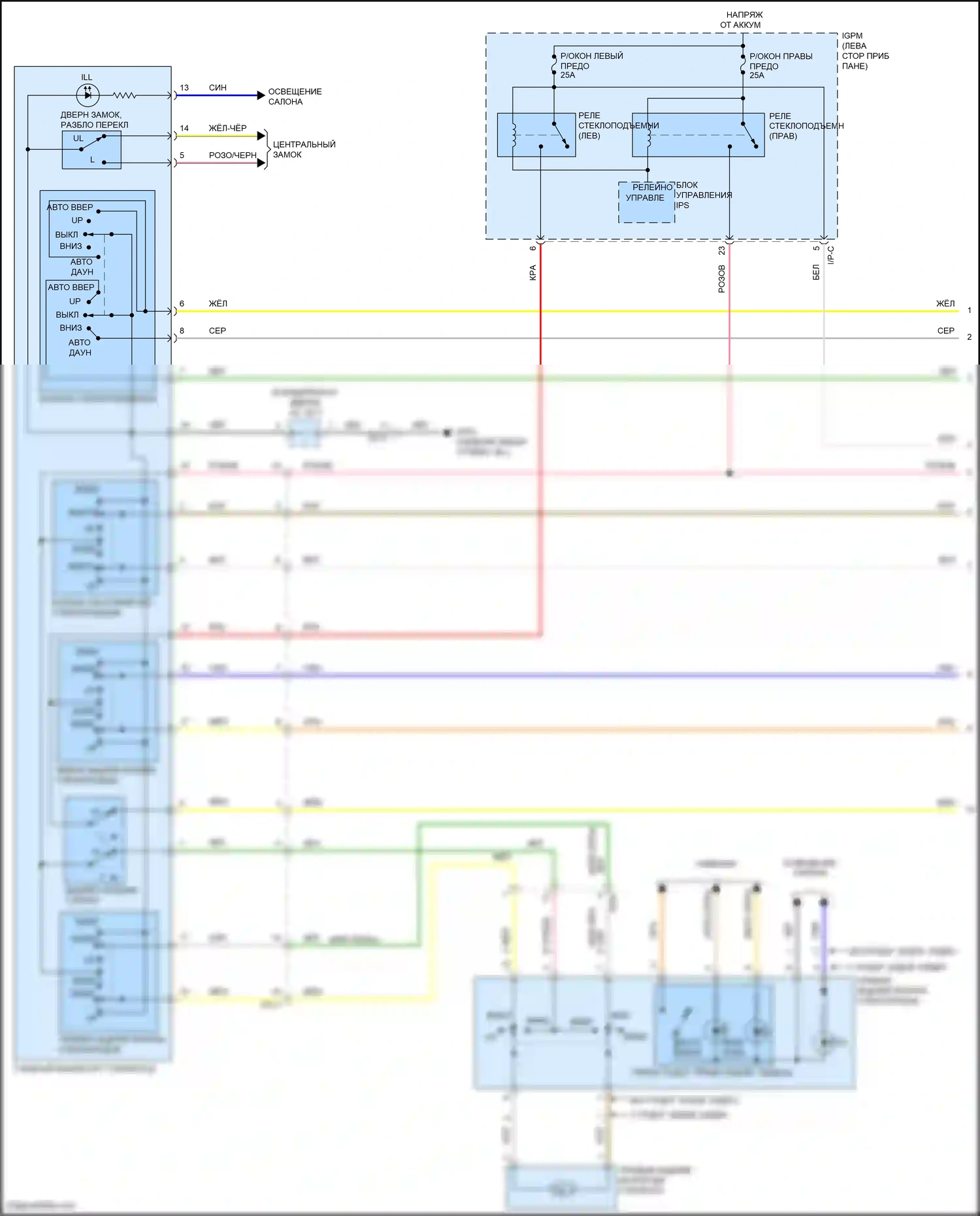 IONIQ Hyundai I (2016-2024): Электросхема стеклоподъемников, без имов, с автоматическим включением/выключением водителя и стеклоподъемниками безопасности (1 из 2) 
