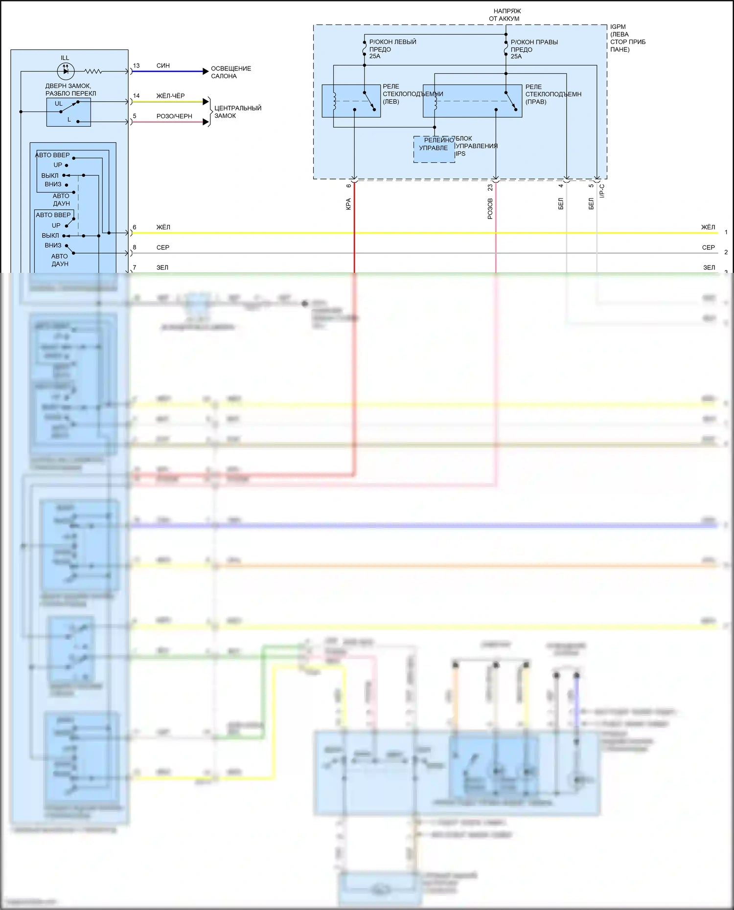 IONIQ Hyundai I (2016-2024): Электросхема стеклоподъемников, без имов, с автоматическим включением/выключением водителя/пассажира и стеклоподъемниками безопасности (1 из 2) 