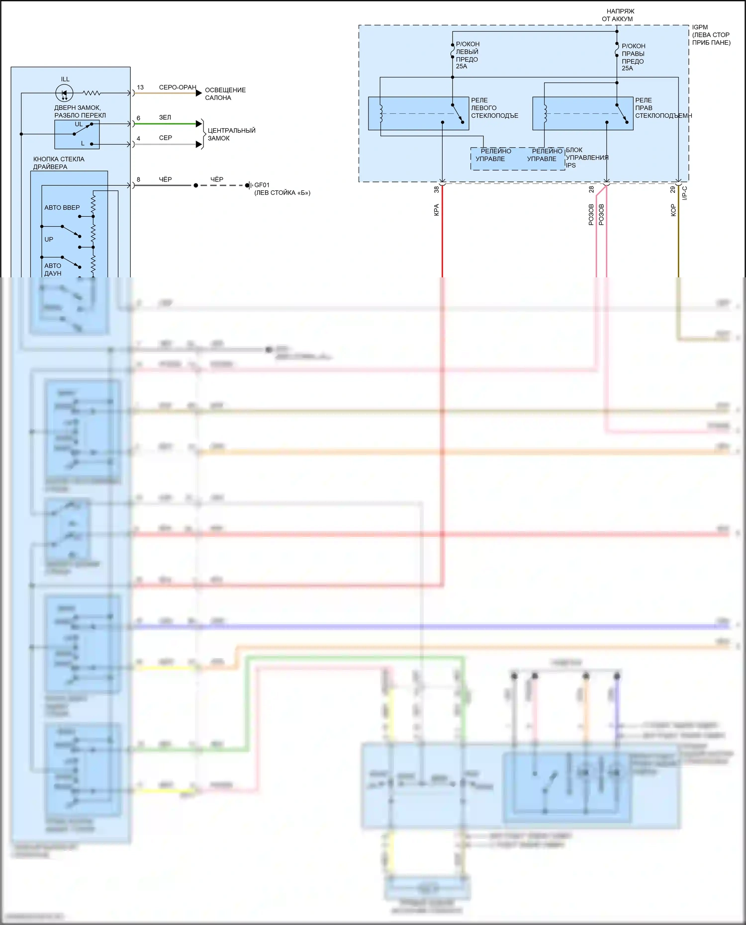 Kona Hyundai I рестайлинг (2020-2024): Электросхема стеклоподъемников, с автоматическим включением/выключением драйвера и стеклоподъемниками безопасности (1 из 2) 