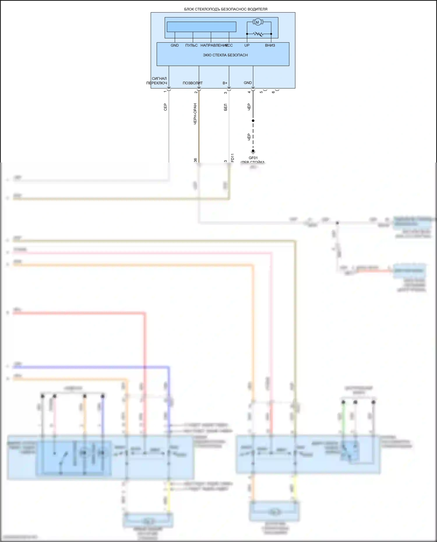 Kona Hyundai I рестайлинг (2020-2024): Электросхема стеклоподъемников, с автоматическим включением/выключением драйвера и стеклоподъемниками безопасности (2 из 2) 