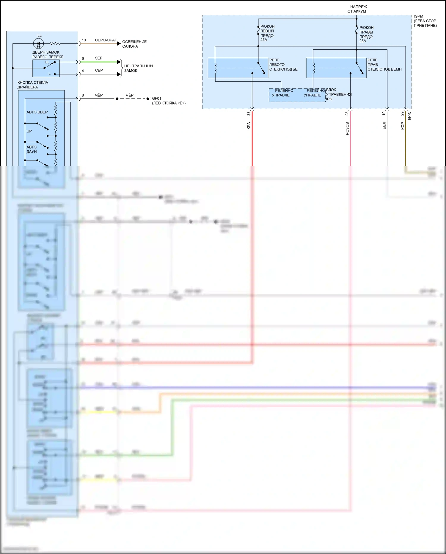 Kona Hyundai I рестайлинг (2020-2024): Электросхема стеклоподъемников с автоматическим включением/выключением стеклоподъемников водителя/пассажира и стеклоподъемниками безопасности (1 из 2) 
