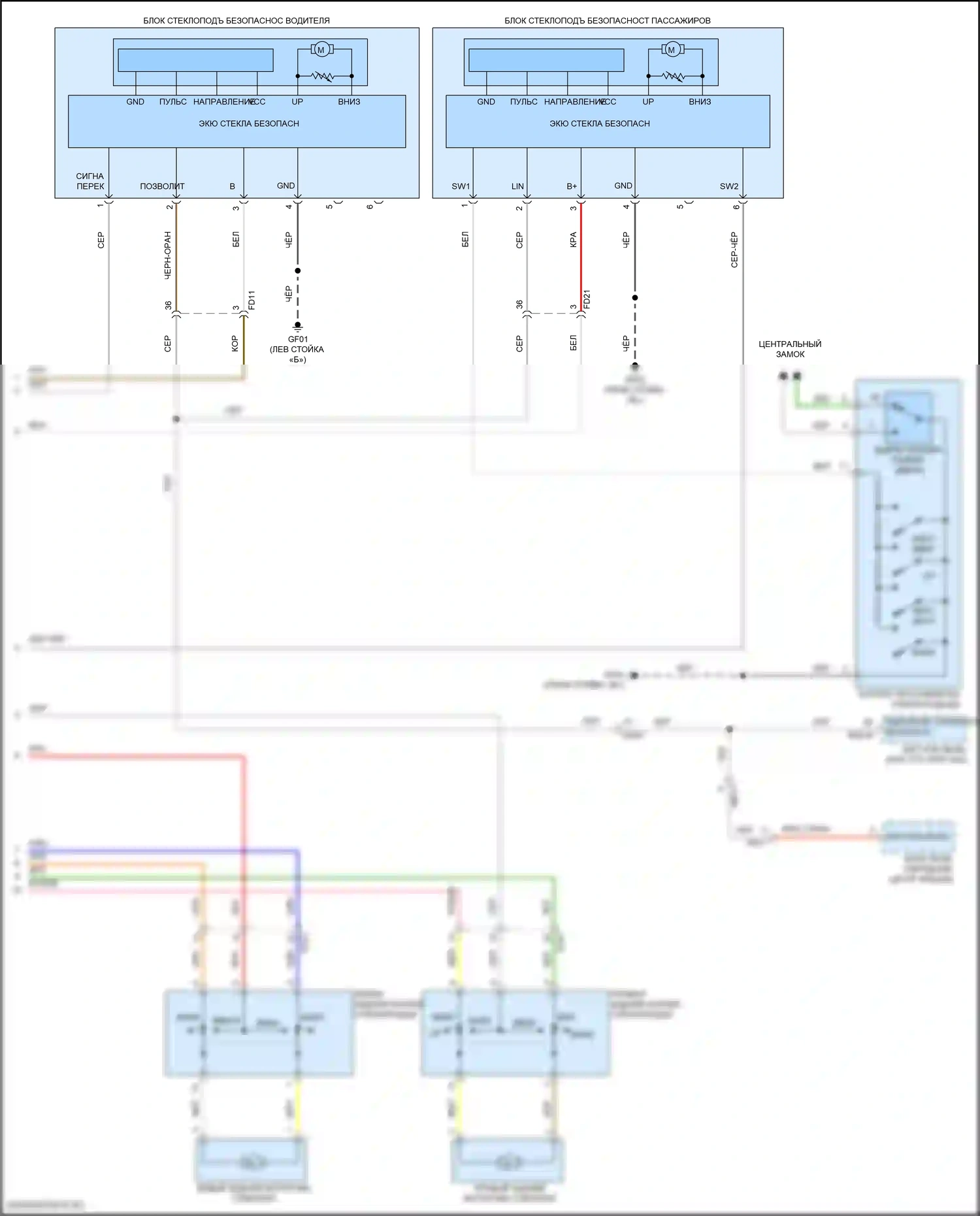 Kona Hyundai I рестайлинг (2020-2024): Электросхема стеклоподъемников, с автоматическим включением/выключением водителя/пассажира и стеклоподъемниками безопасности (2 из 2) 