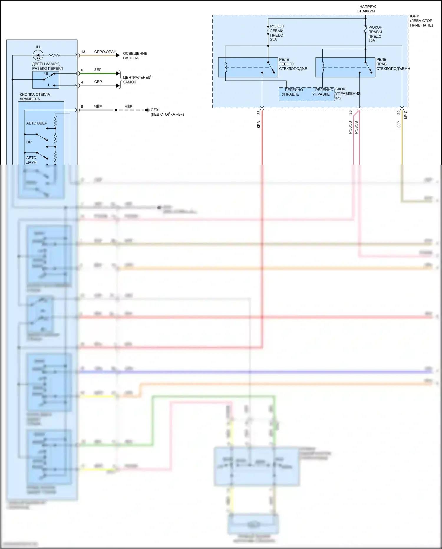 Kona Hyundai I (2017-2021): Электросхема стеклоподъемников, с автоматическим включением/выключением драйвера и стеклоподъемниками безопасности (1 из 2) 