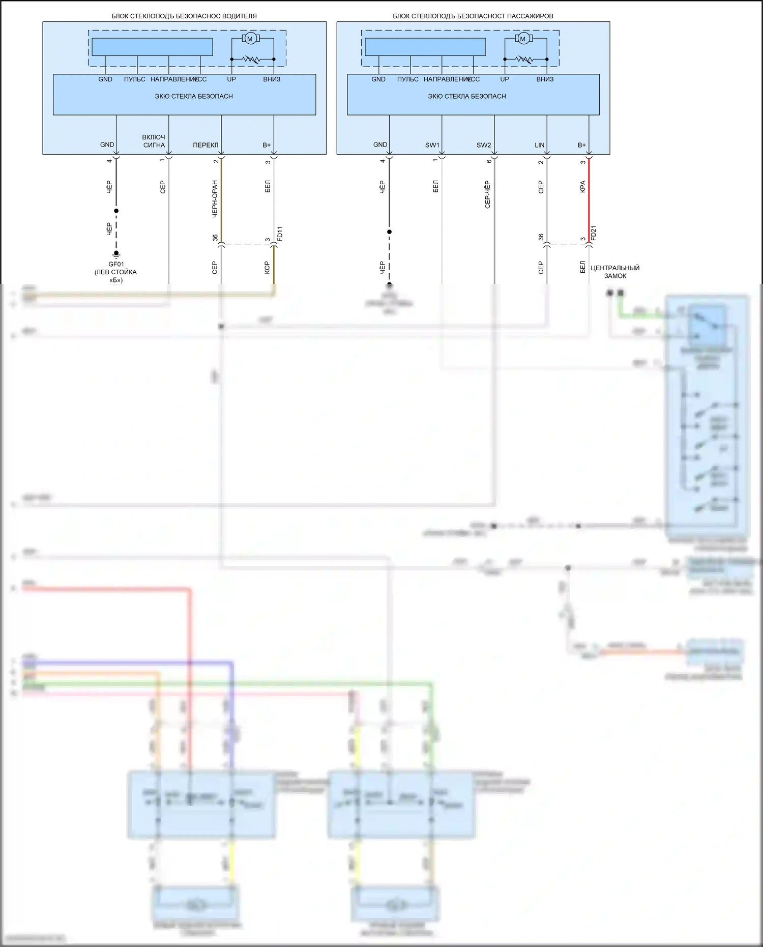 Kona Hyundai I (2017-2021): Электросхема стеклоподъемников, с автоматическим включением/выключением водителя/пассажира и стеклоподъемниками безопасности (2 из 2) 