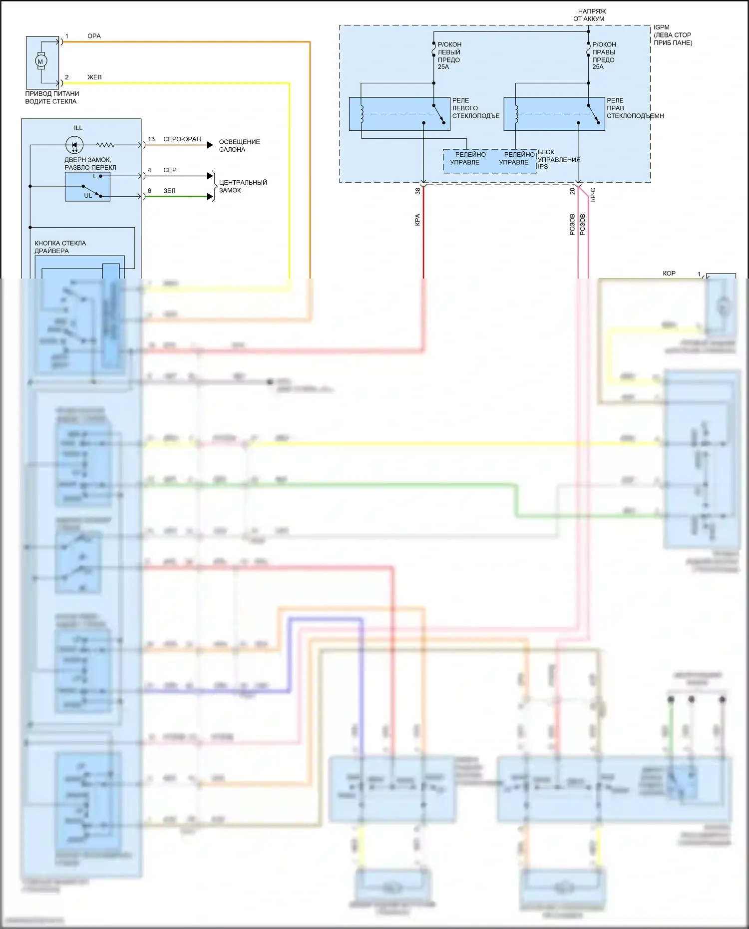 Kona Hyundai I (2017-2021): Электросхема стёкол питания, с драйвером авто вниз стекло питания 