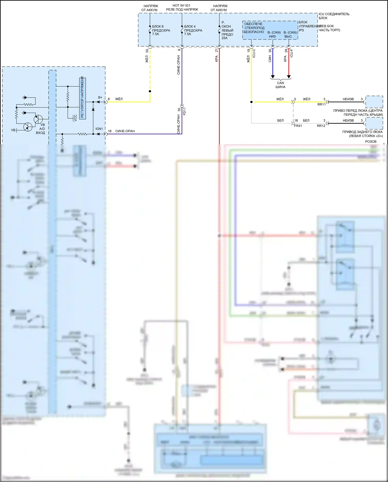 Palisade Hyundai I рестайлинг (2022-2024): Электросхема стеклоподъемников, с фронтальным авто вверх/вниз и стеклоподъемниками безопасности (1 из 2) 