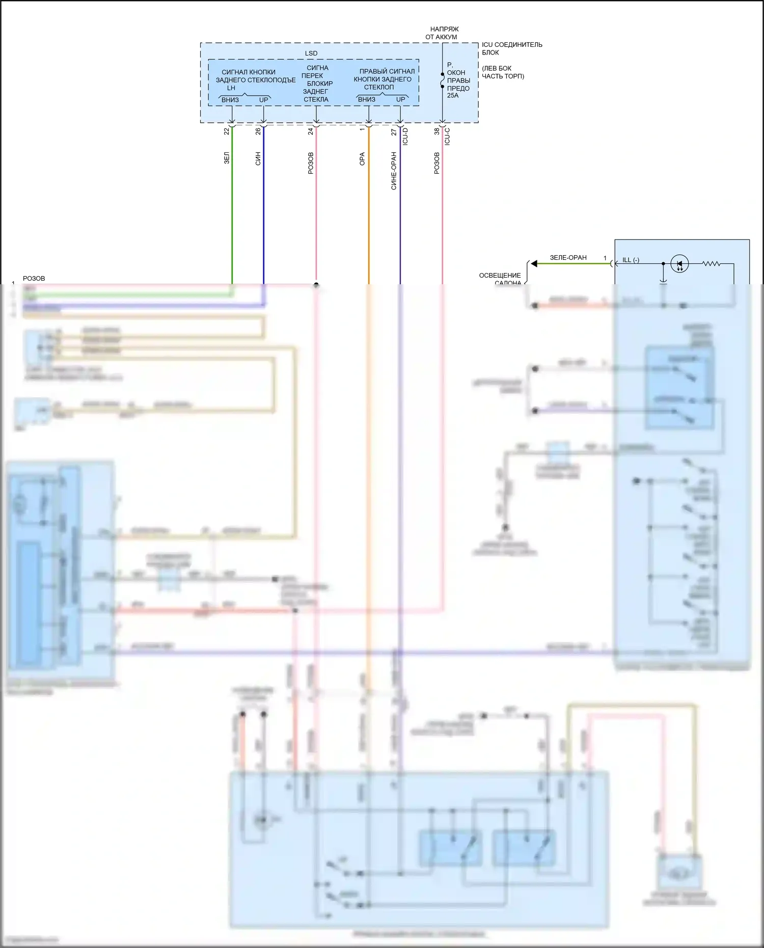Palisade Hyundai I рестайлинг (2022-2024): Электросхема стеклоподъемников, с фронтальным авто вверх/вниз и стеклоподъемниками безопасности (2 из 2) 