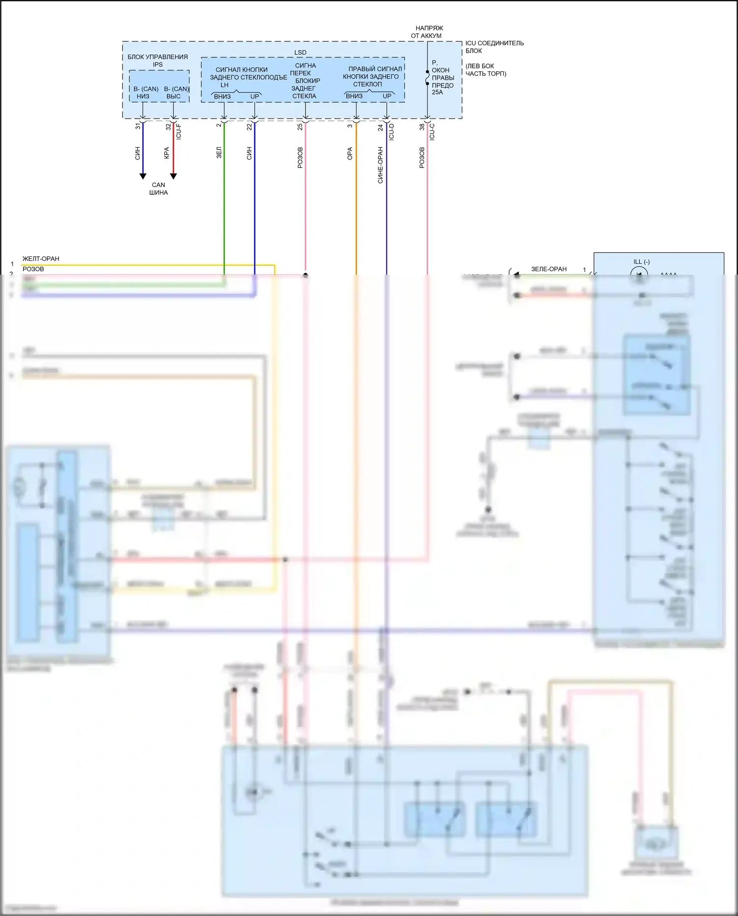 Palisade Hyundai I (2018-2022): Электросхема стеклоподъемников (2 из 2) 