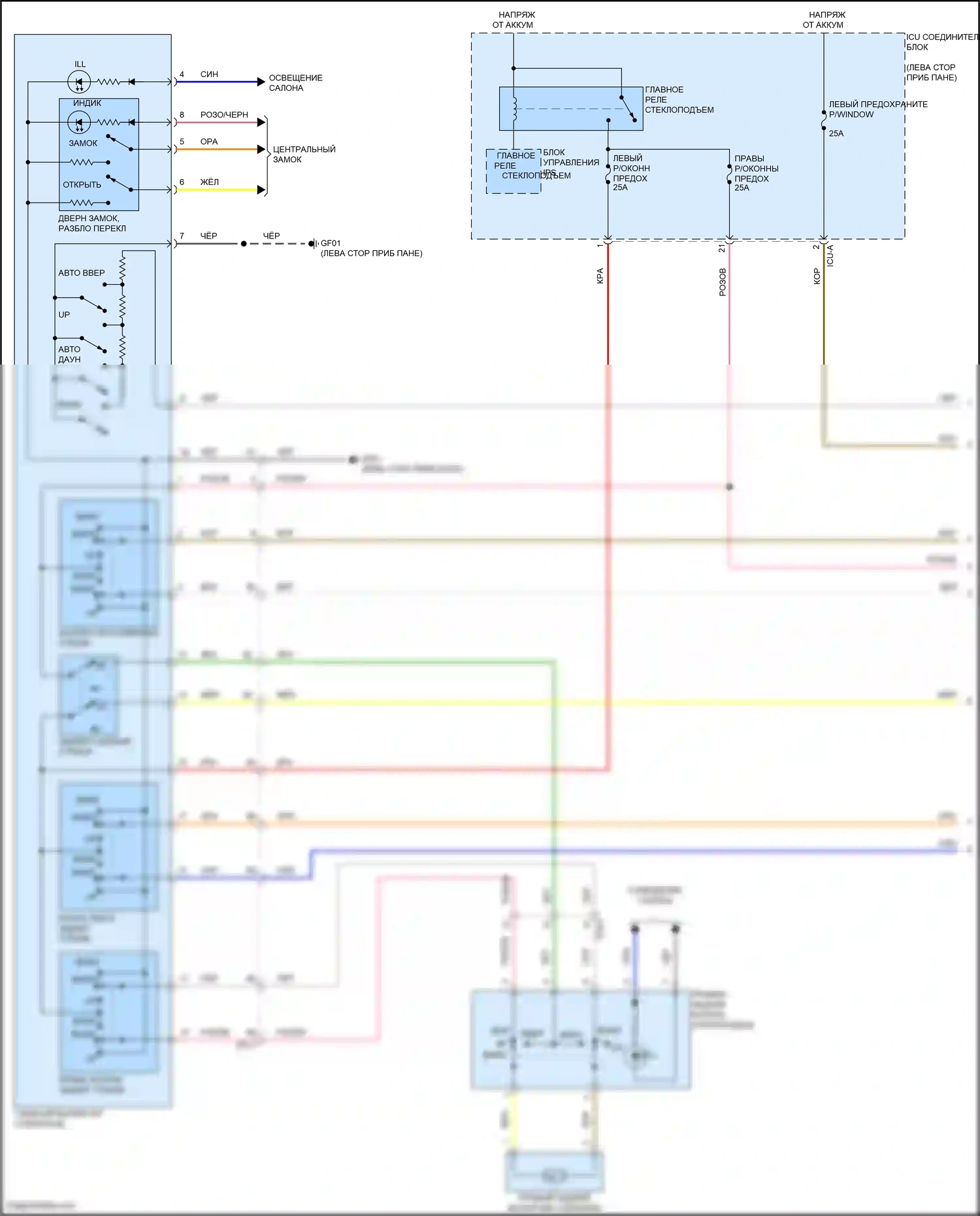 Santa Cruz Hyundai I (2021-2024): Электросхема стеклоподъемников, с автоматическим включением/выключением драйвера и стеклоподъемниками безопасности (1 из 2) 