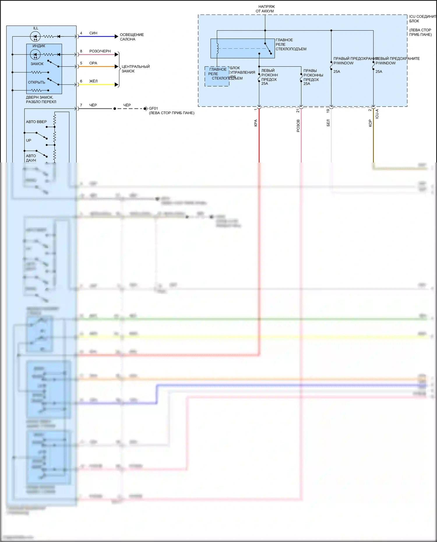 Santa Cruz Hyundai I (2021-2024): Электросхема стеклоподъемников с автоматическим включением/выключением стеклоподъемников водителя/пассажира и стеклоподъемниками безопасности (1 из 2) 