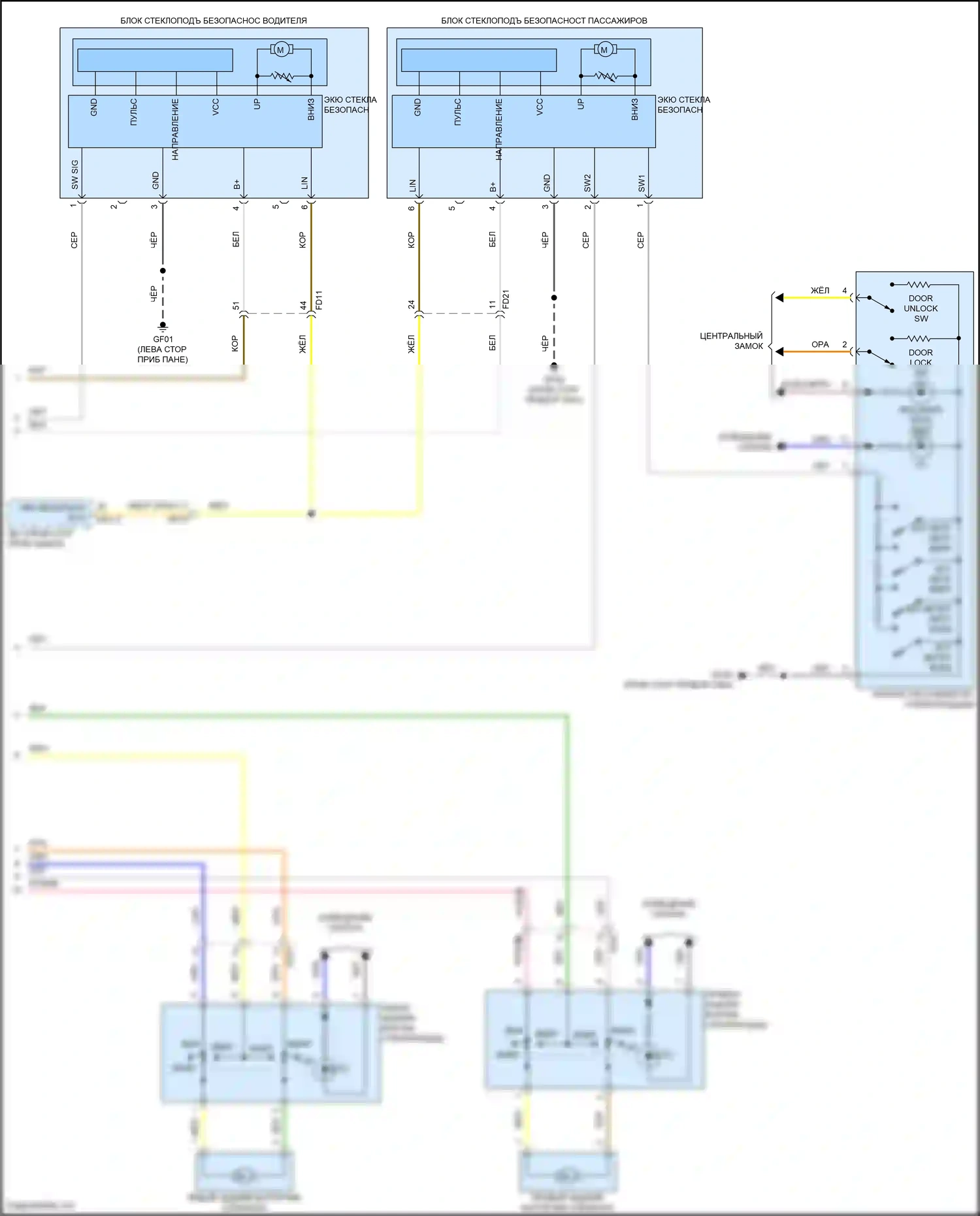 Santa Cruz Hyundai I (2021-2024): Электросхема стеклоподъемников, с автоматическим включением/выключением водителя/пассажира и стеклоподъемниками безопасности (2 из 2) 