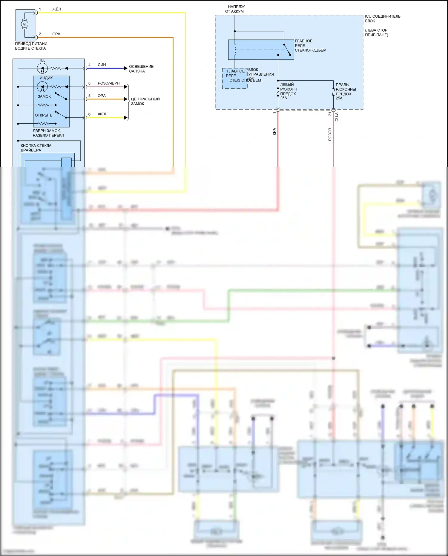 Santa Cruz Hyundai I (2021-2024): Электросхема стёкол питания, с драйвером авто вниз стекло питания 