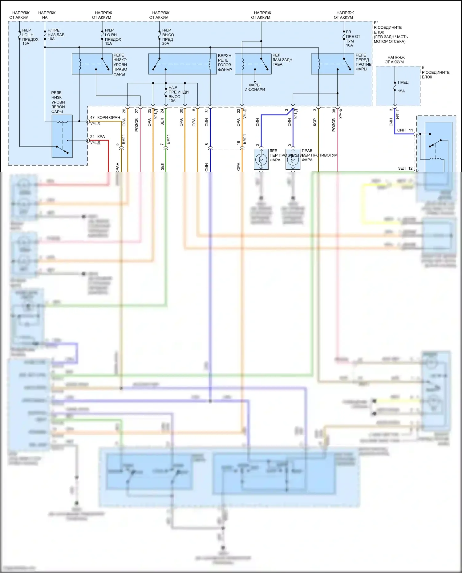 Santa Fe Hyundai II рестайлинг (2010-2012): Электросхема фар, с дрелью 
