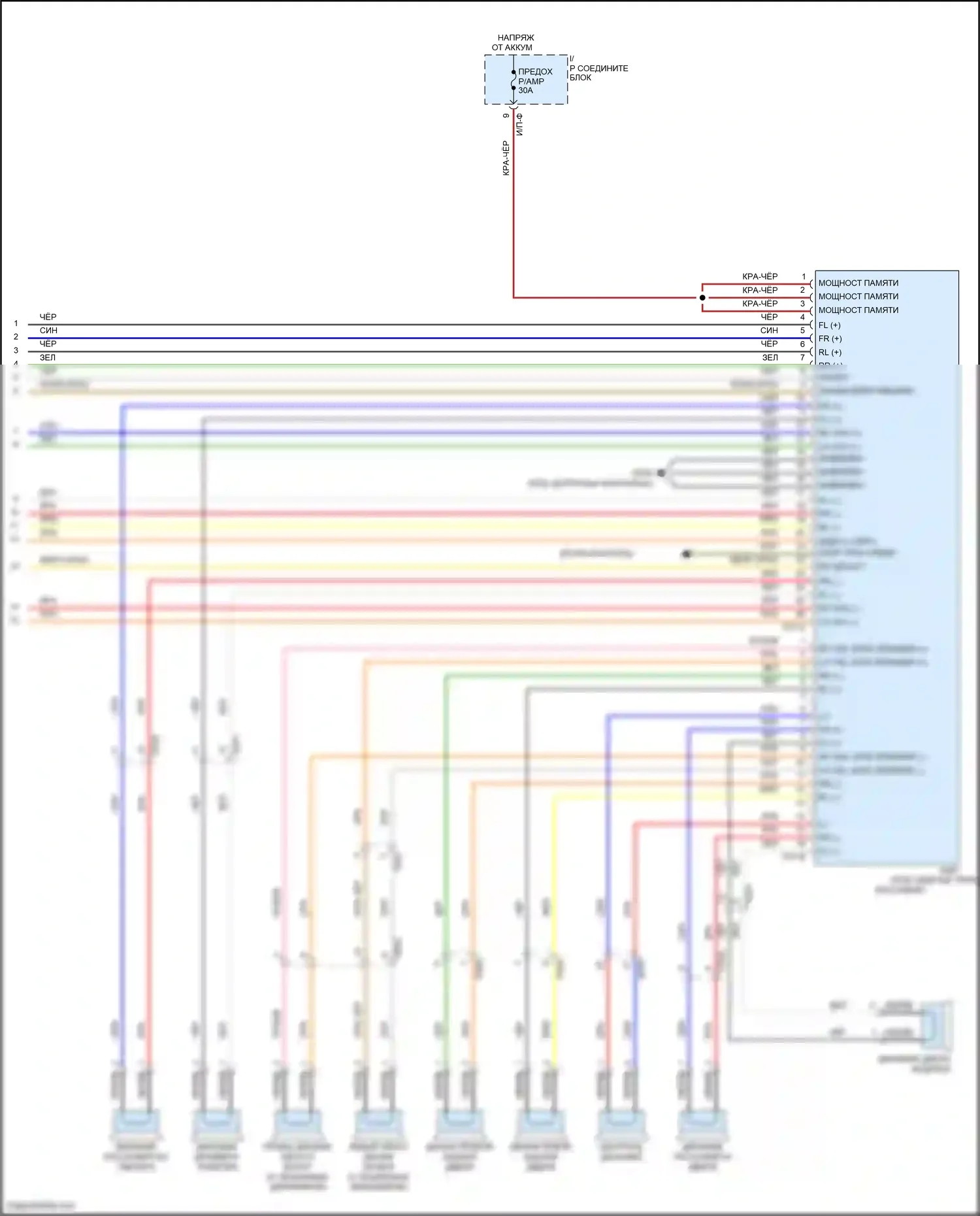 Santa Fe Hyundai II рестайлинг (2010-2012): Электросхема магнитолы, с усилителем и мультимедией для заднего сиденья (2 из 2) 