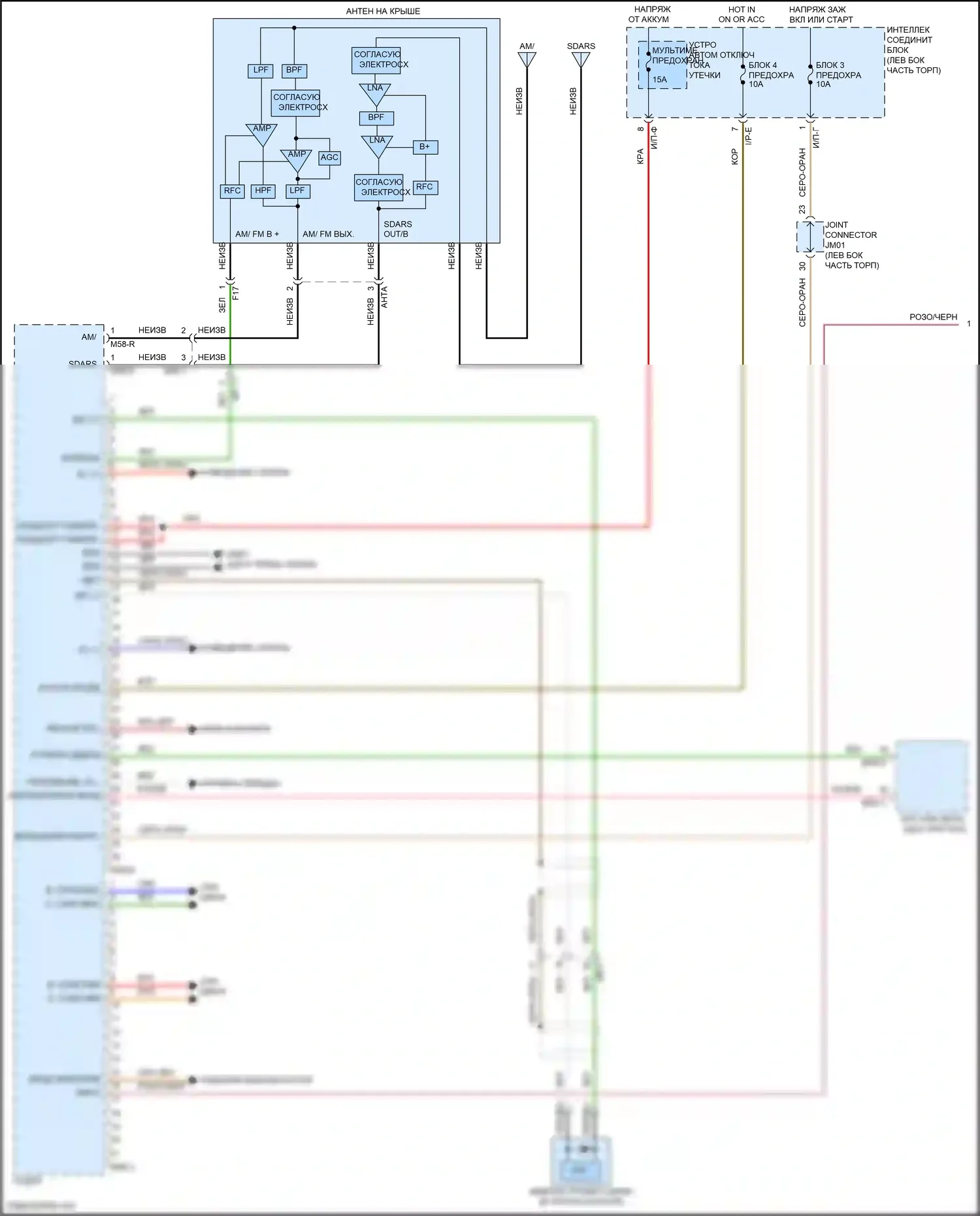 Santa Fe Hyundai III рестайлинг (2015-2018): Электросхема магнитолы, без навигации, с дисплеем аудио, без mobis и jbl усилитель (1 из 2) 