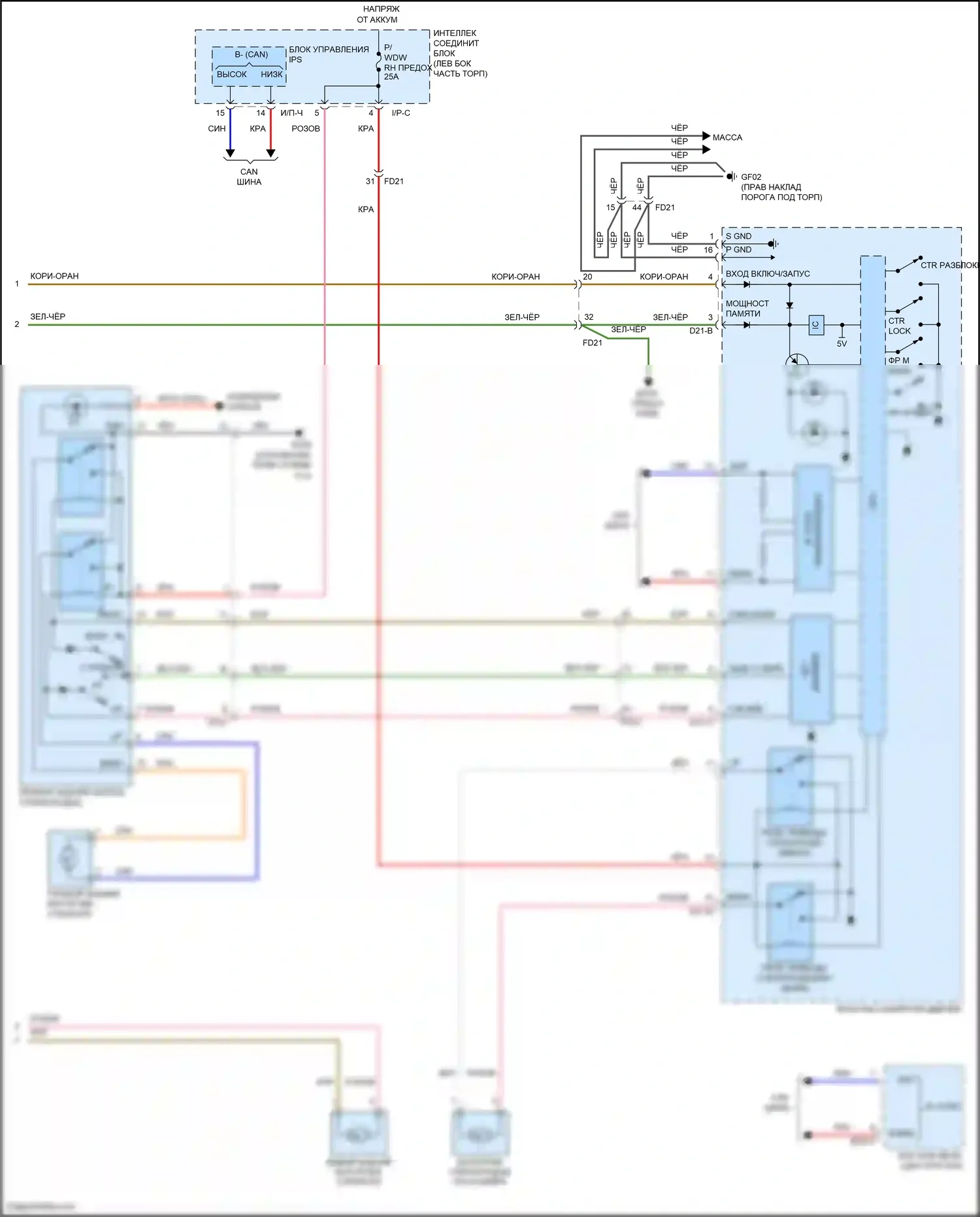 Santa Fe Hyundai III рестайлинг (2015-2018): Электросхема стеклоподъемников, без автоматических стеклоподъемников (2 из 2) 