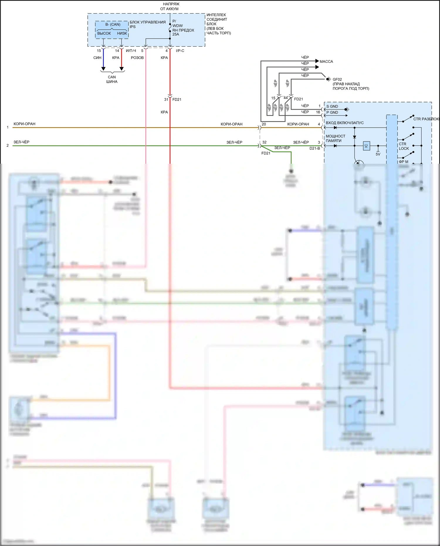 Santa Fe Hyundai III рестайлинг (2015-2018): Электросхема стеклоподъемников, с автоматическим включением/выключением драйвера и стеклоподъемниками безопасности (2 из 2) 
