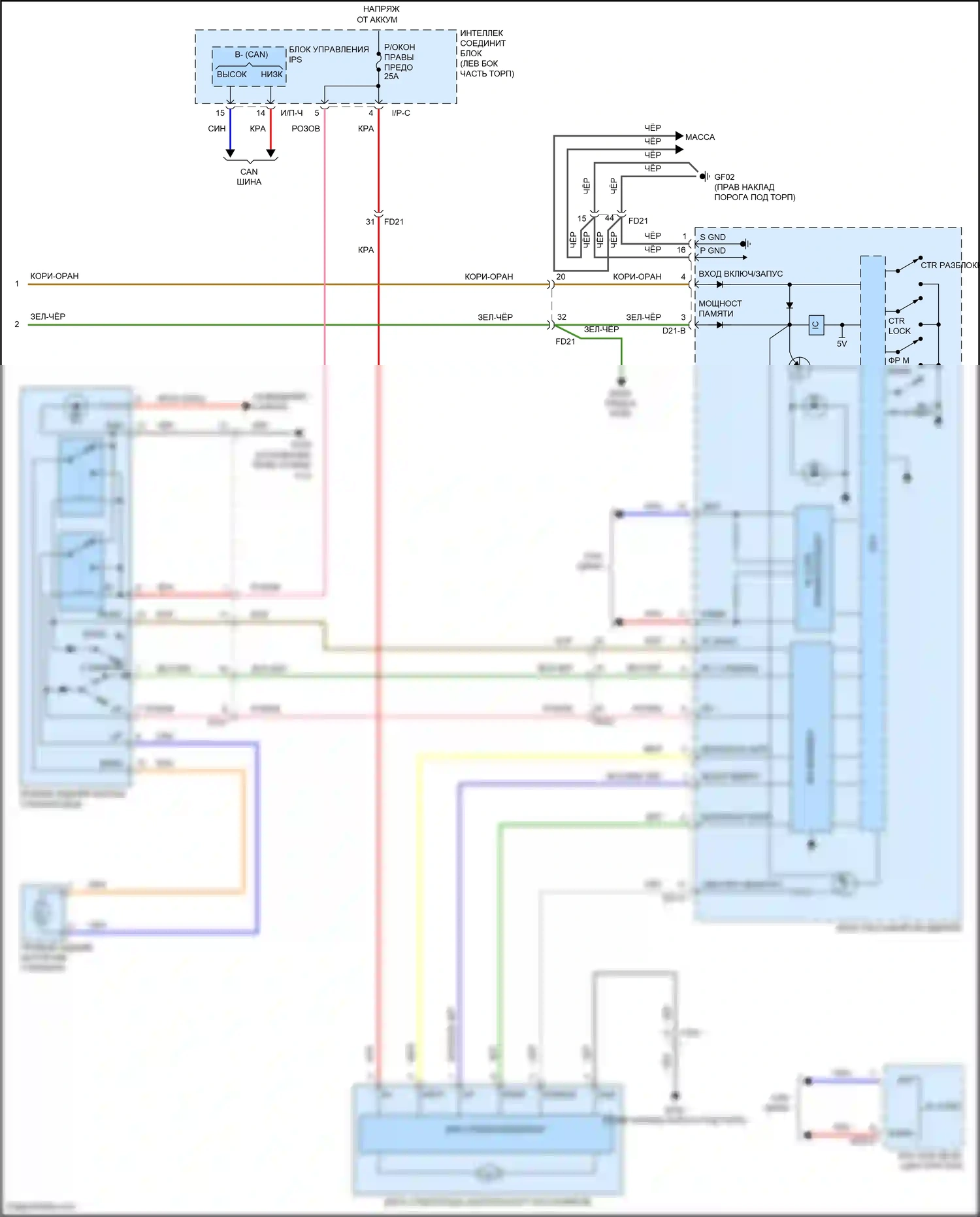 Santa Fe Hyundai III рестайлинг (2015-2018): Электросхема стеклоподъемников, с автоматическим включением/выключением водителя/пассажира и стеклоподъемниками безопасности (2 из 2) 