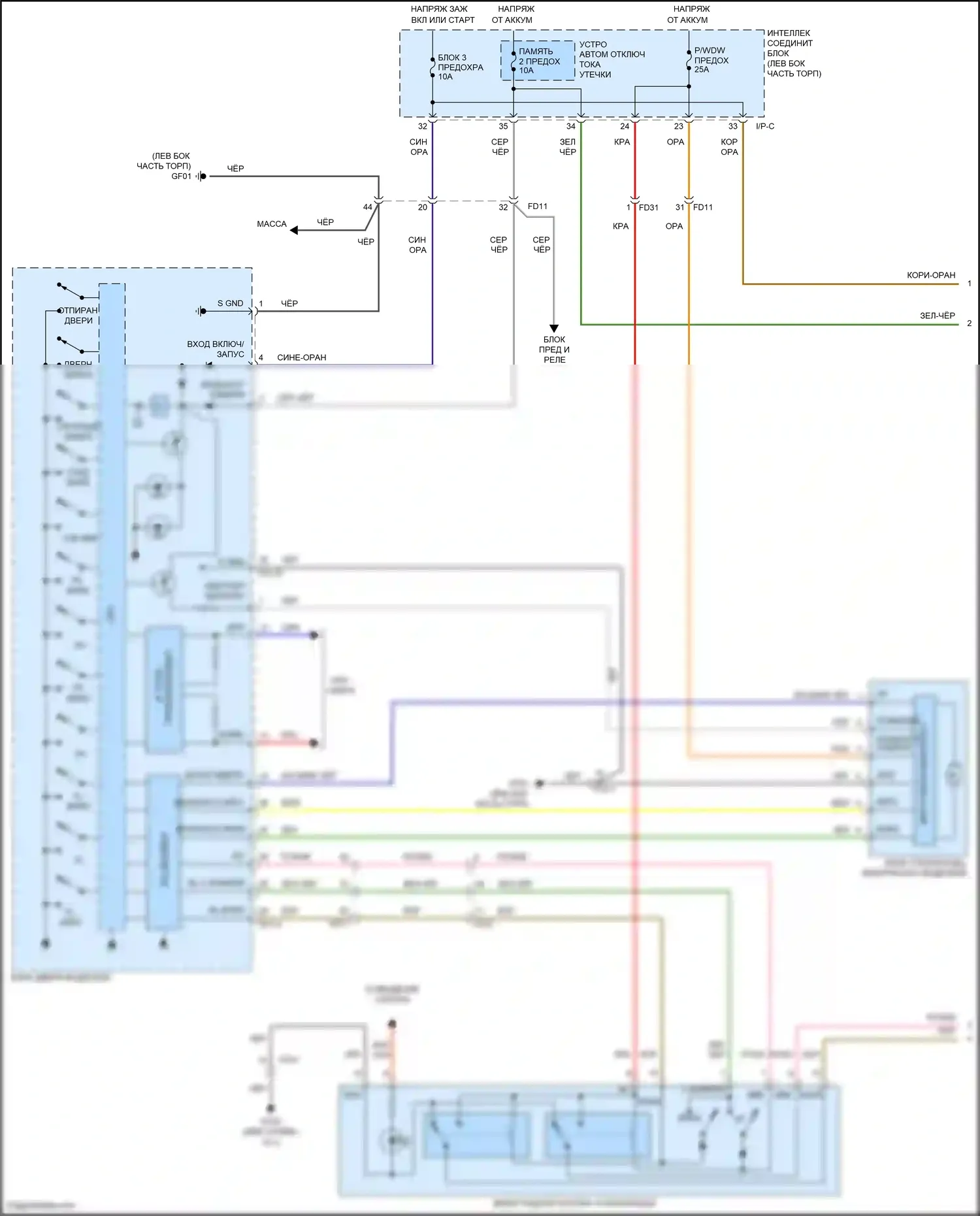 Santa Fe Hyundai III рестайлинг (2015-2018): Электросхема стеклоподъемников, с предохранительными стеклоподъемниками (1 из 2) 