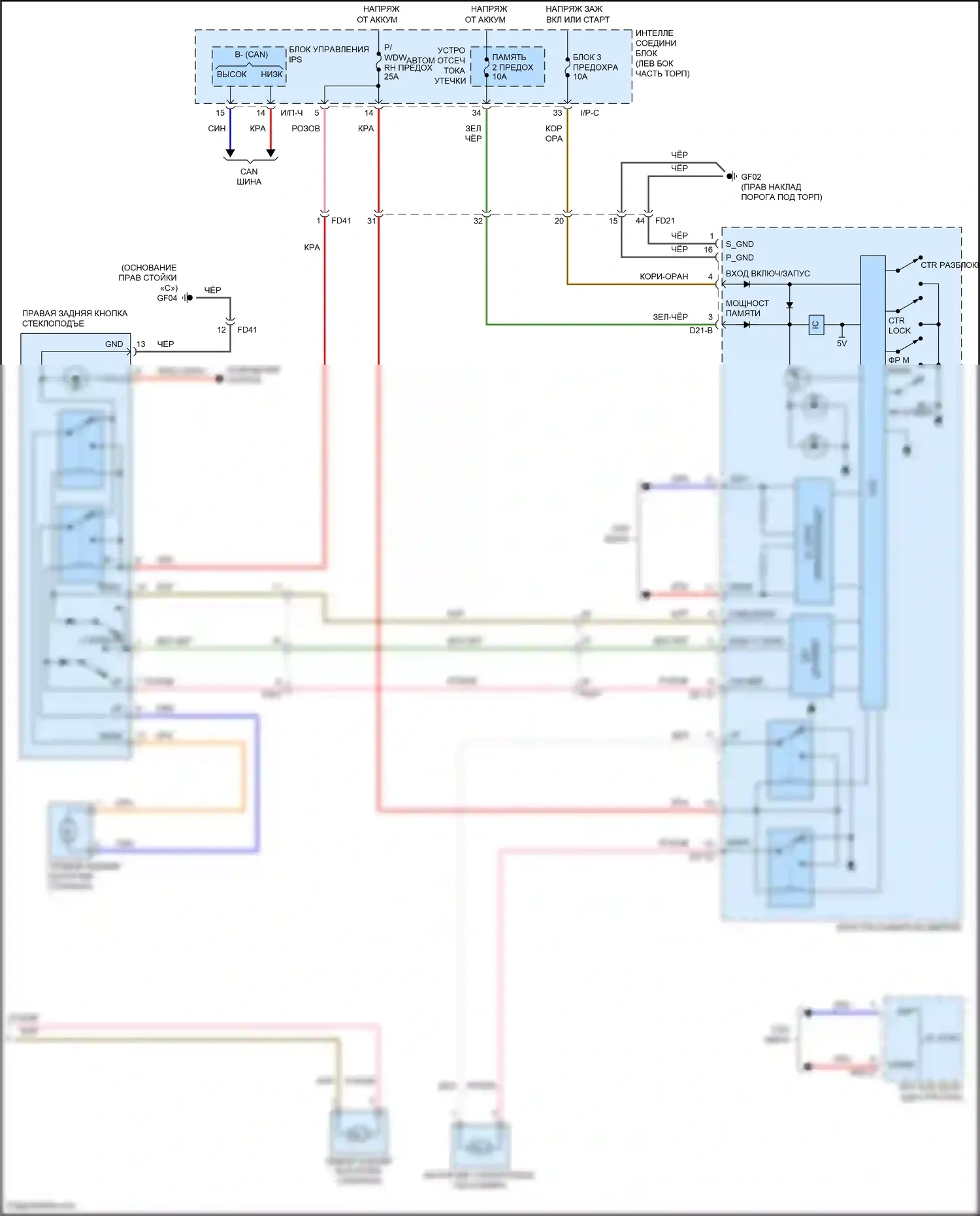 Santa Fe Hyundai III (2012-2016): Электросхема стеклоподъемников, без защитных стеклоподъемников (2 из 2) 