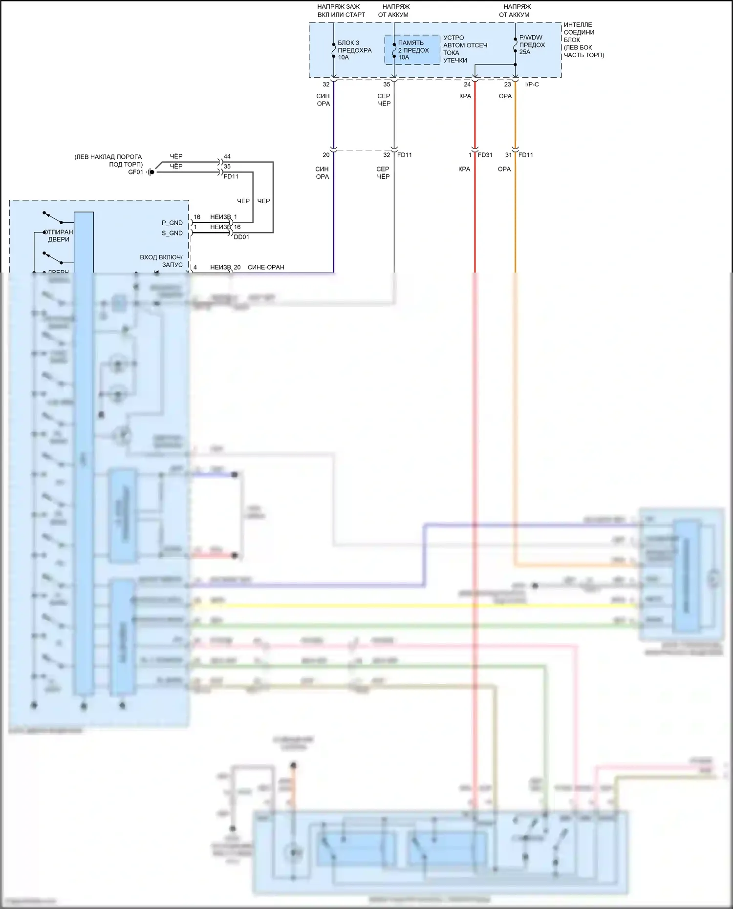 Santa Fe Hyundai III (2012-2016): Электросхема стеклоподъемников, с предохранительными стеклоподъемниками (1 из 2) 